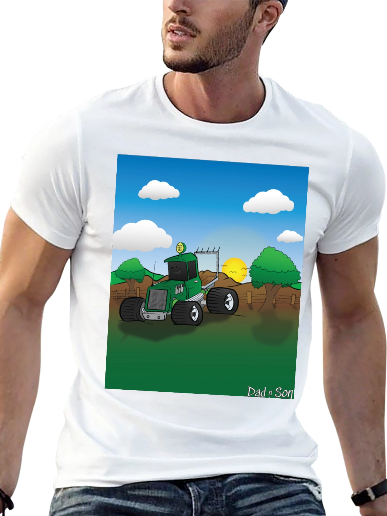 Black Dad n Son Cartoon Tractor Graphic T-Shirt view 13