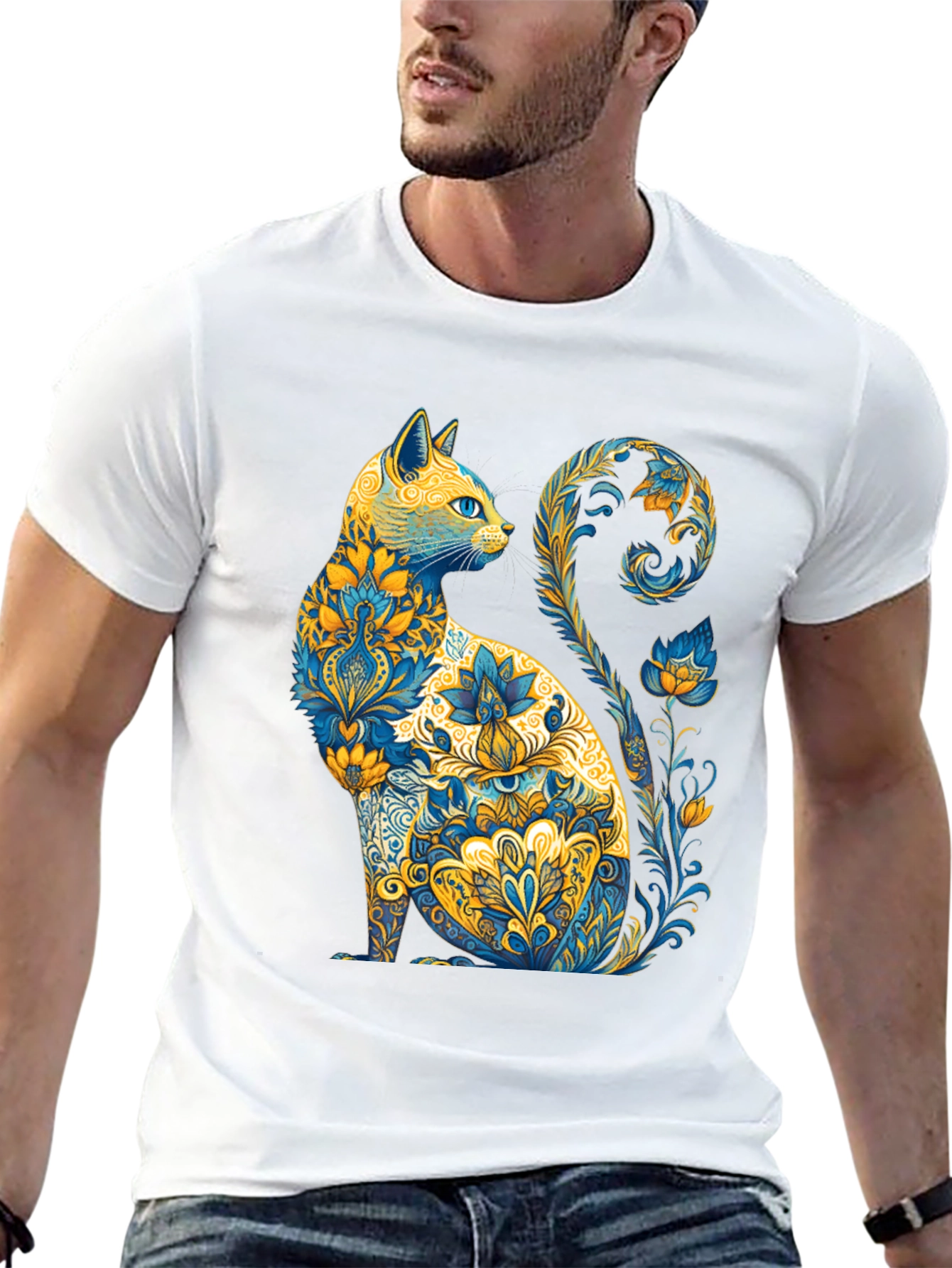 Black Floral Cat Graphic T-Shirt - Unique Design view 13