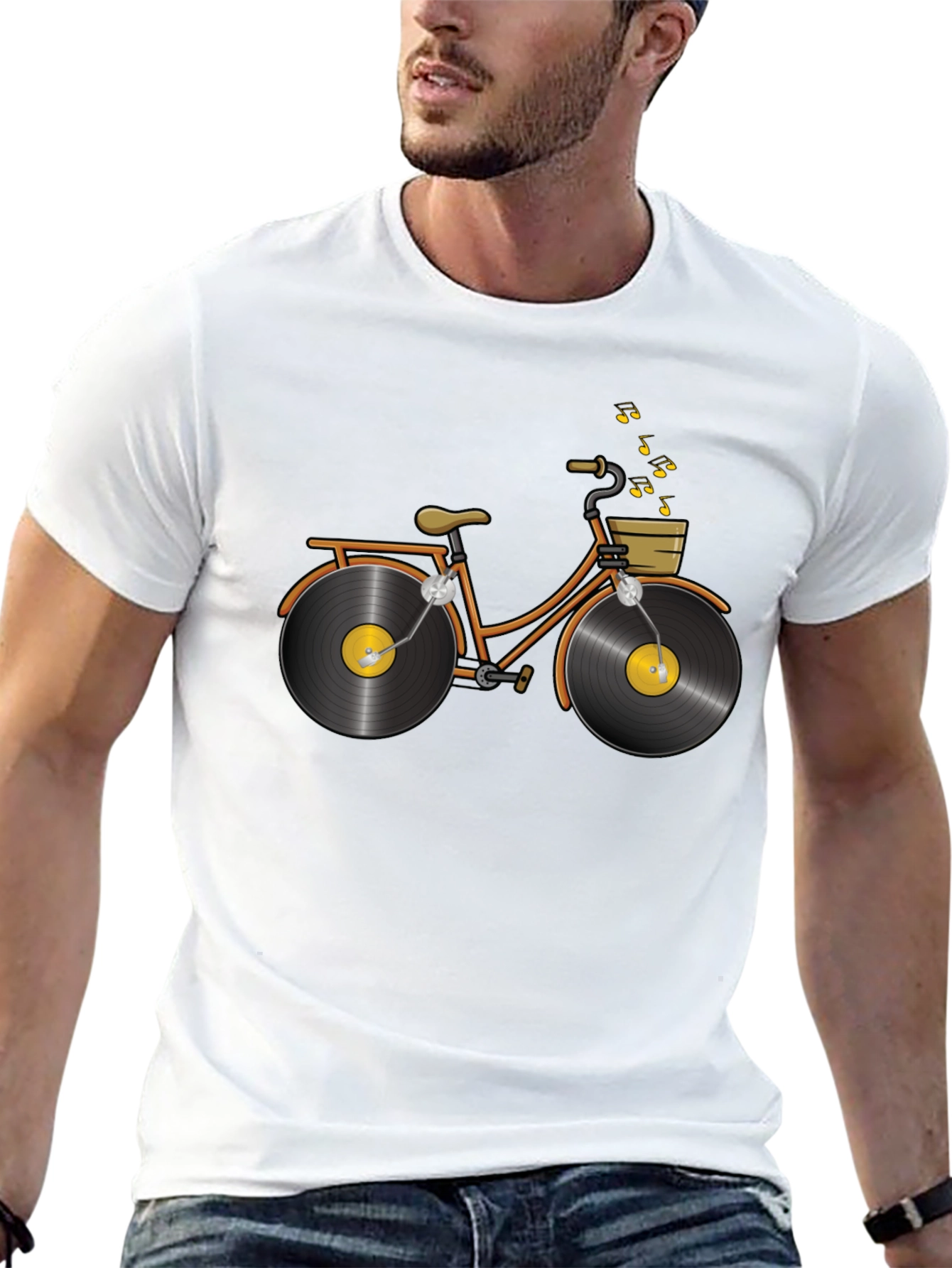 Black Unique Vinyl Record Bicycle Graphic T-Shirt view 13