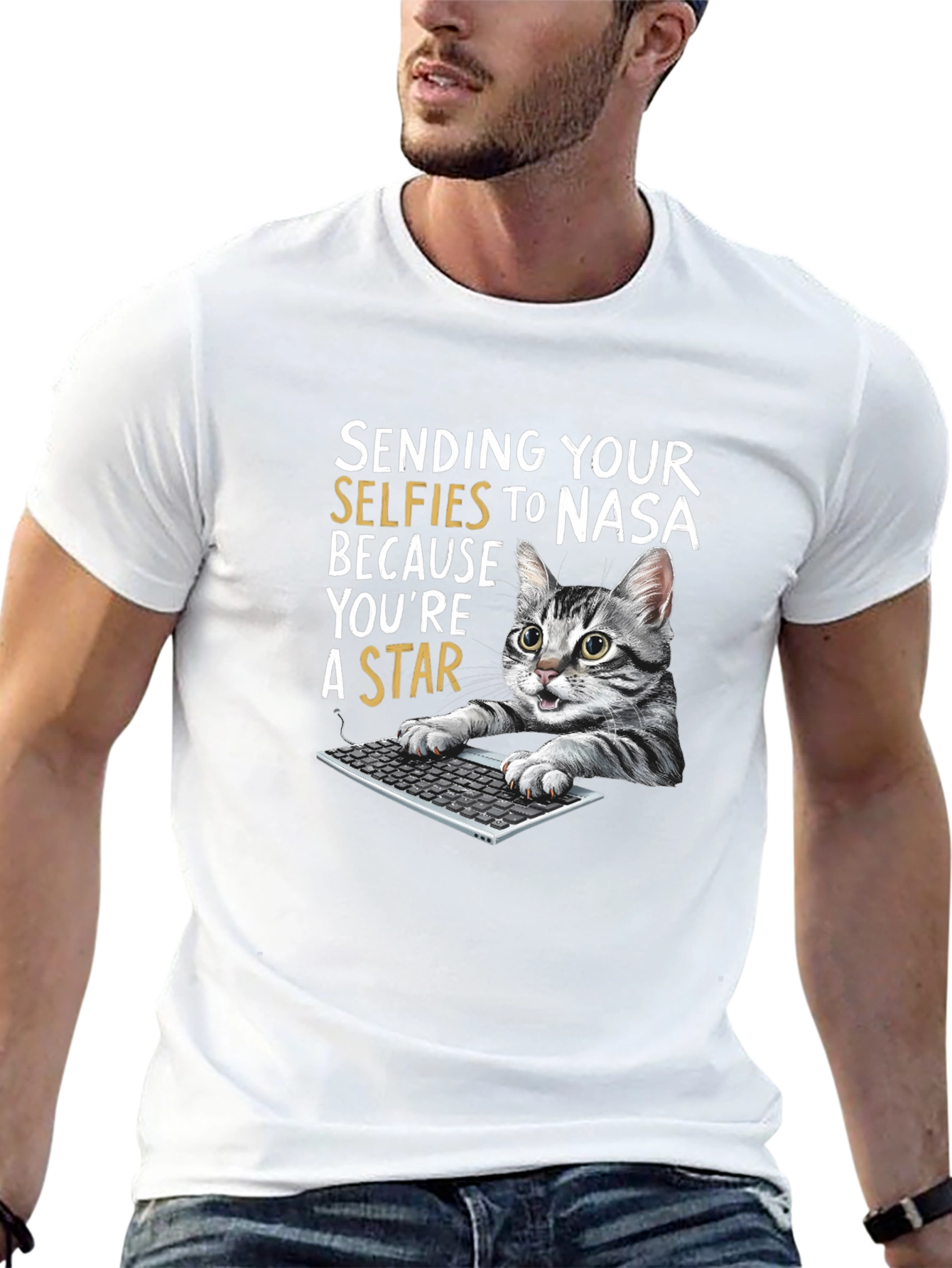 Black Funny Cat T-Shirt - Sending Selfies to NASA view 13