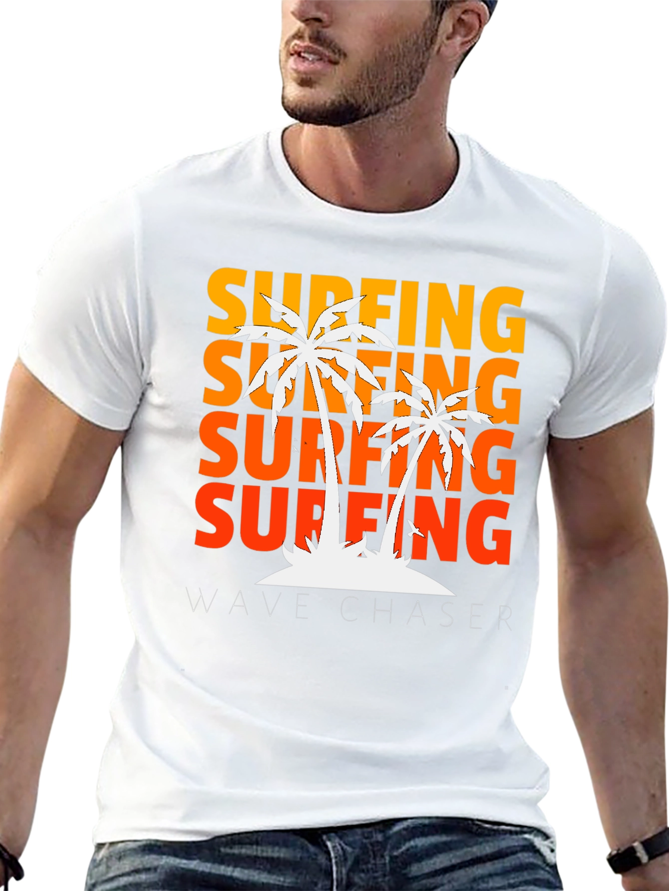 Black Surfing Wave Chaser Black T-Shirt with Palm Tree Design view 13