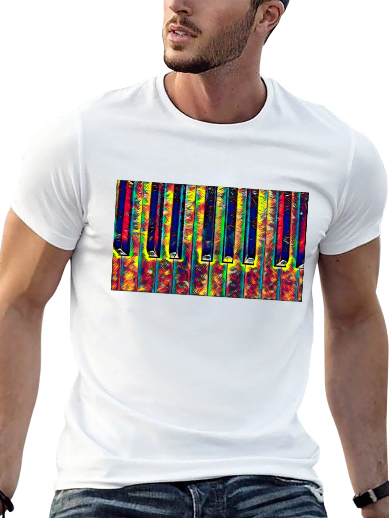 Black Abstract Piano Keys Graphic Tee - Black Cotton T-Shirt view 13