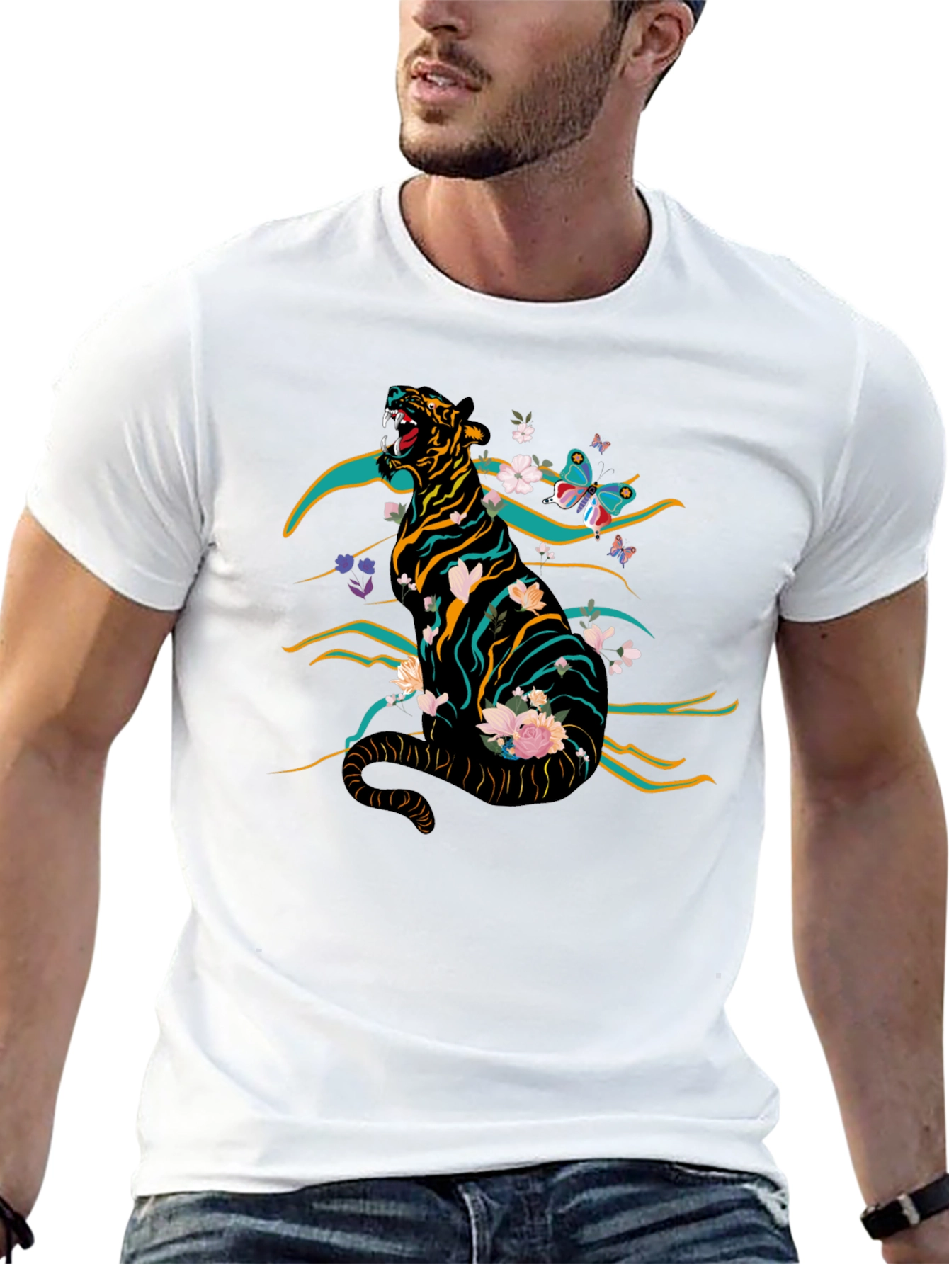 Black Tiger & Floral Graphic Print Tee - Black view 13