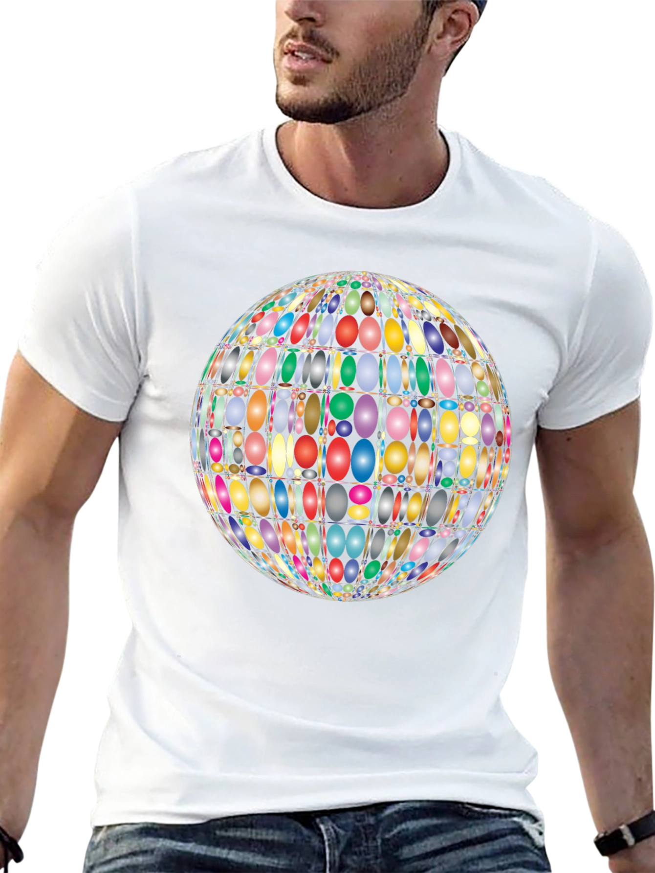Black Colorful Oval Pattern Globe Men's Black T-Shirt view 13