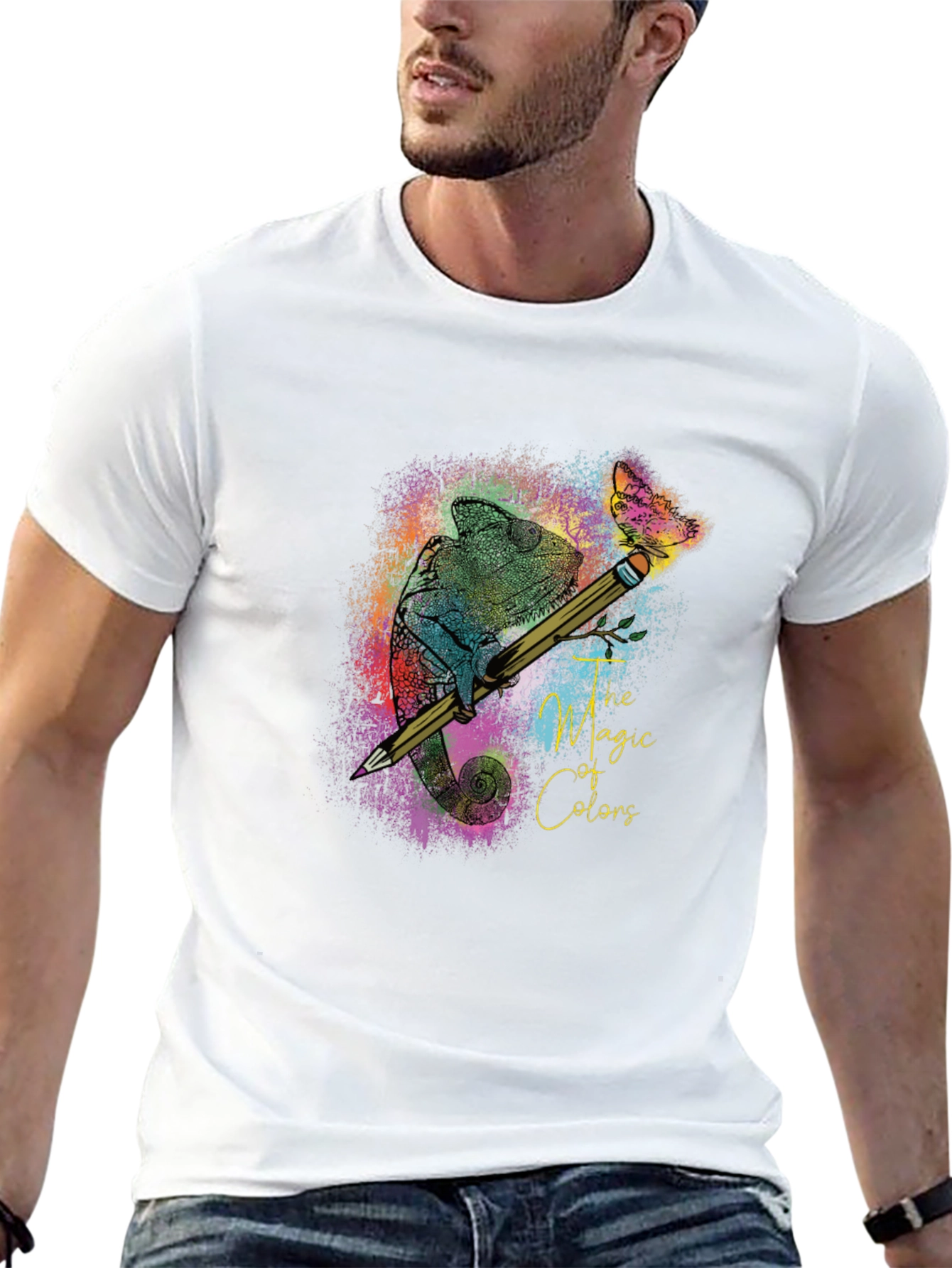Black The Magic of Colors T-Shirt: Chameleon & Pencil Design view 13
