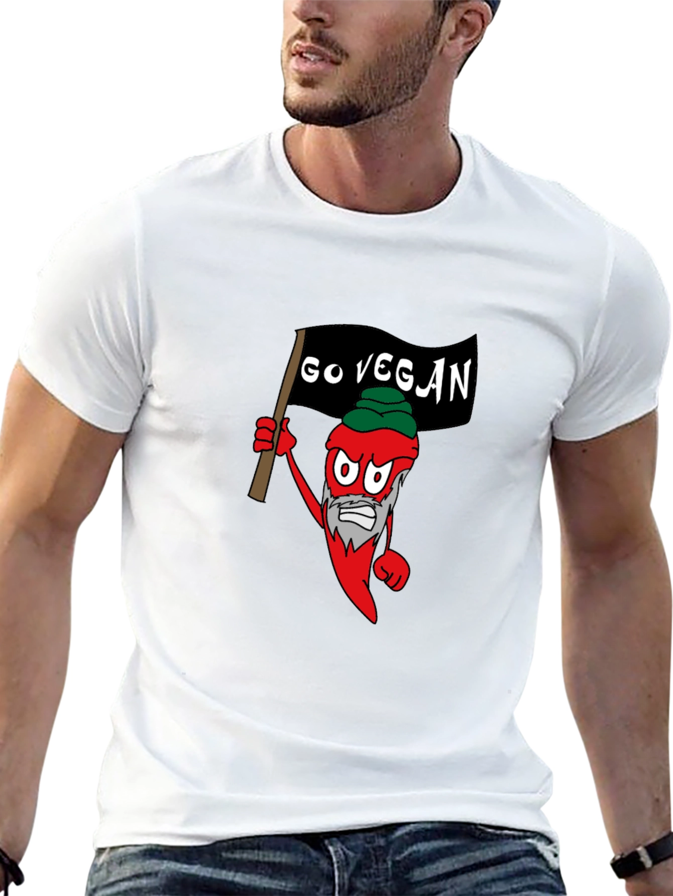 Black Go Vegan T-Shirt - Chili Pepper Cartoon Design view 13