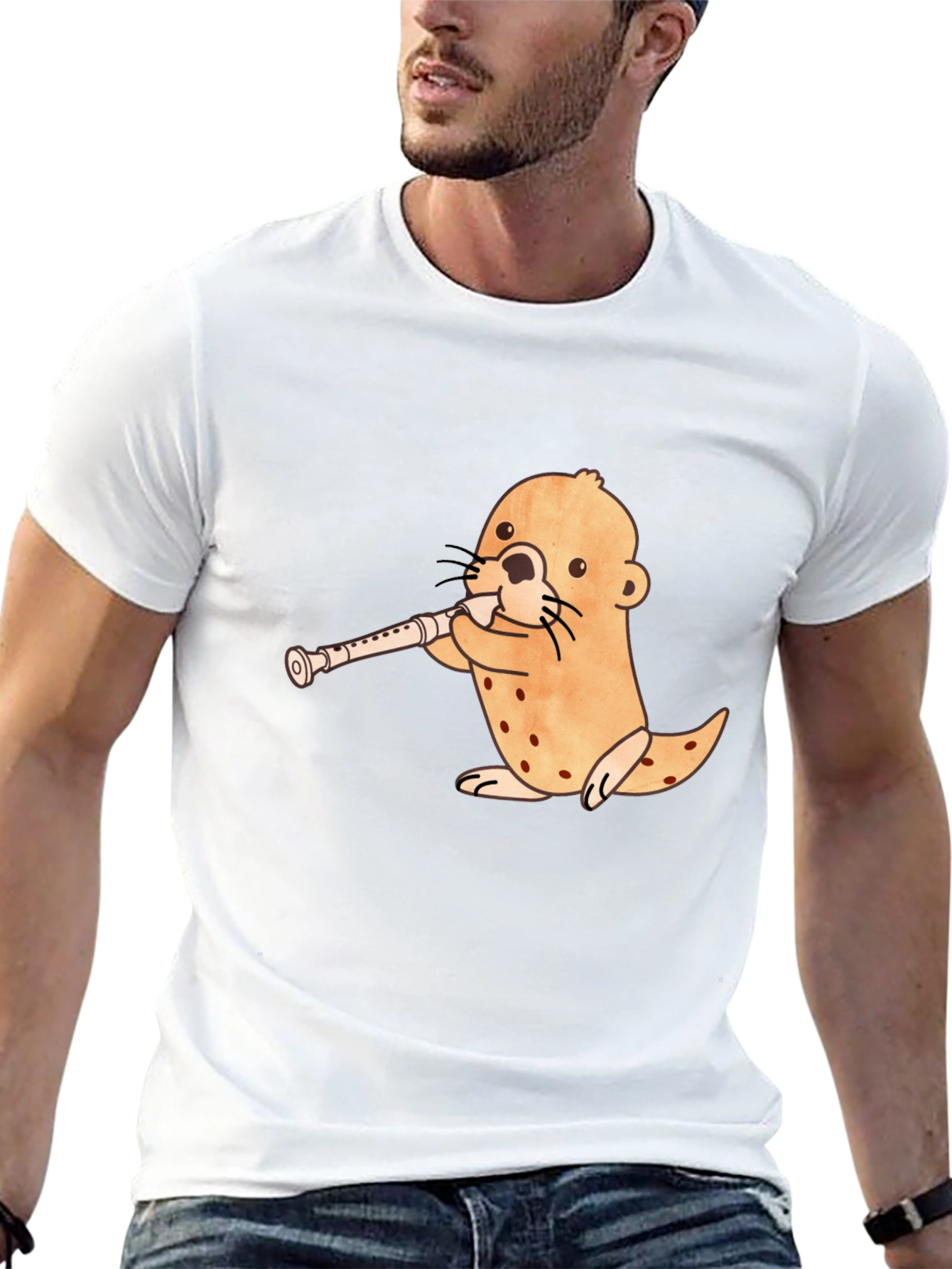Black Funny Otter Playing Flute Black T-Shirt view 13
