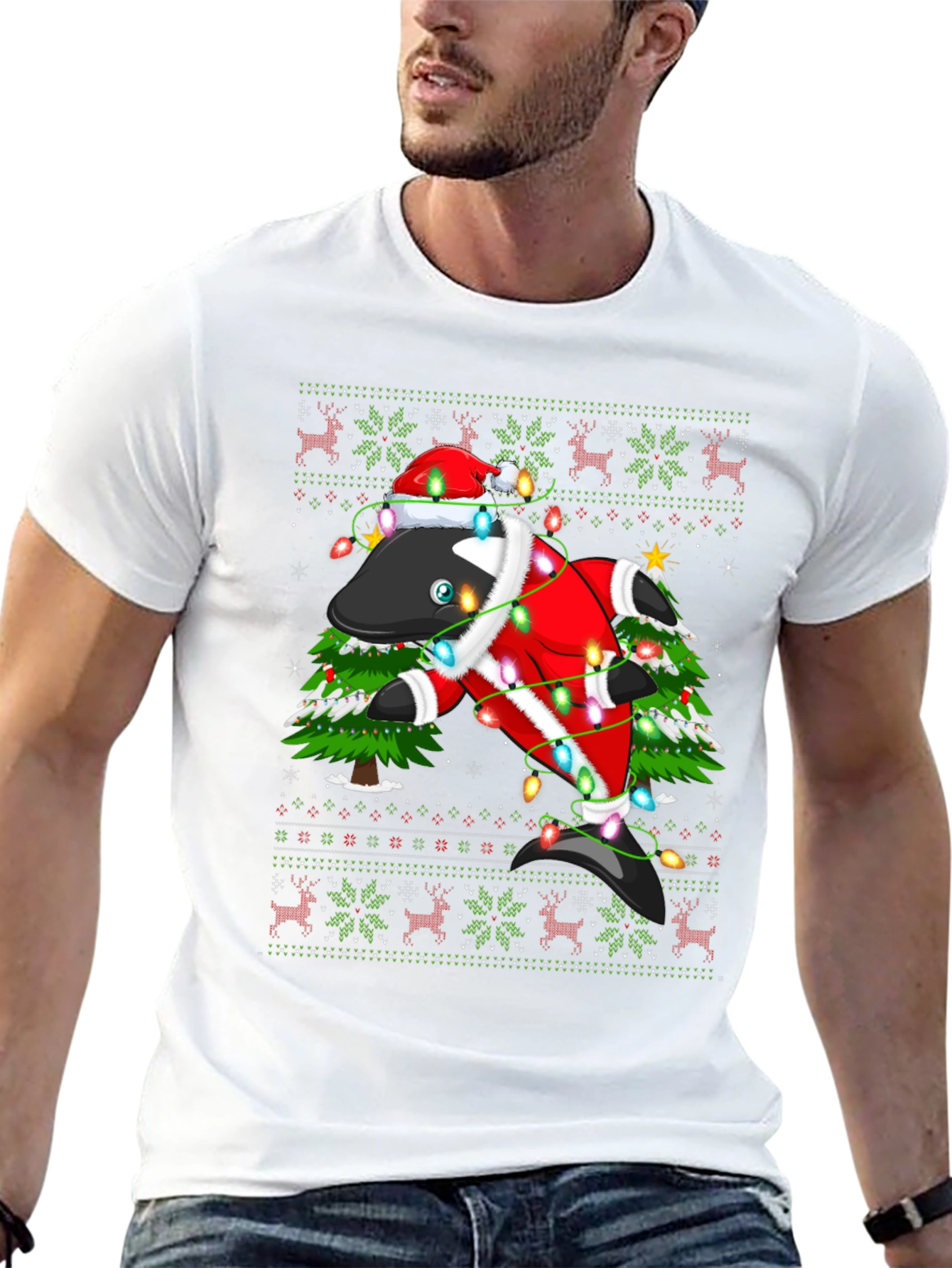 Black Festive Orca Ugly Christmas T-Shirt view 13