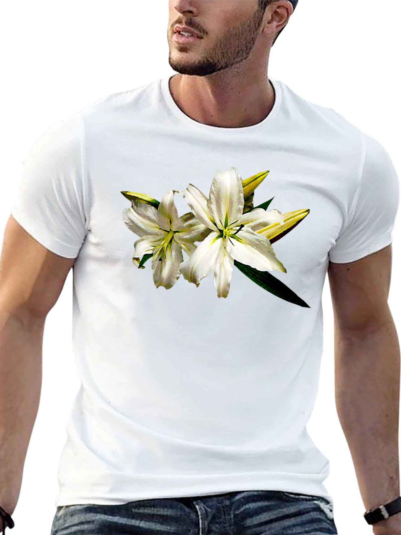 Black White Lily Graphic Tee - Black Cotton T-Shirt view 13