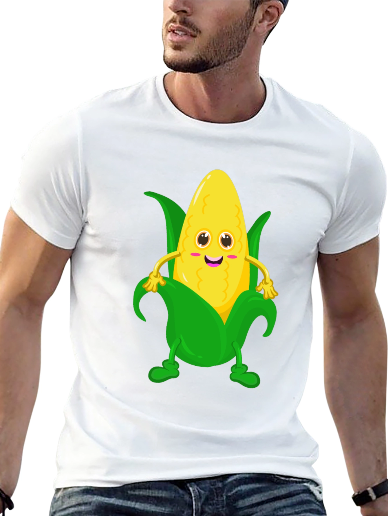 Black Funny Corn Cartoon Graphic Tee - Black Cotton T-Shirt view 13