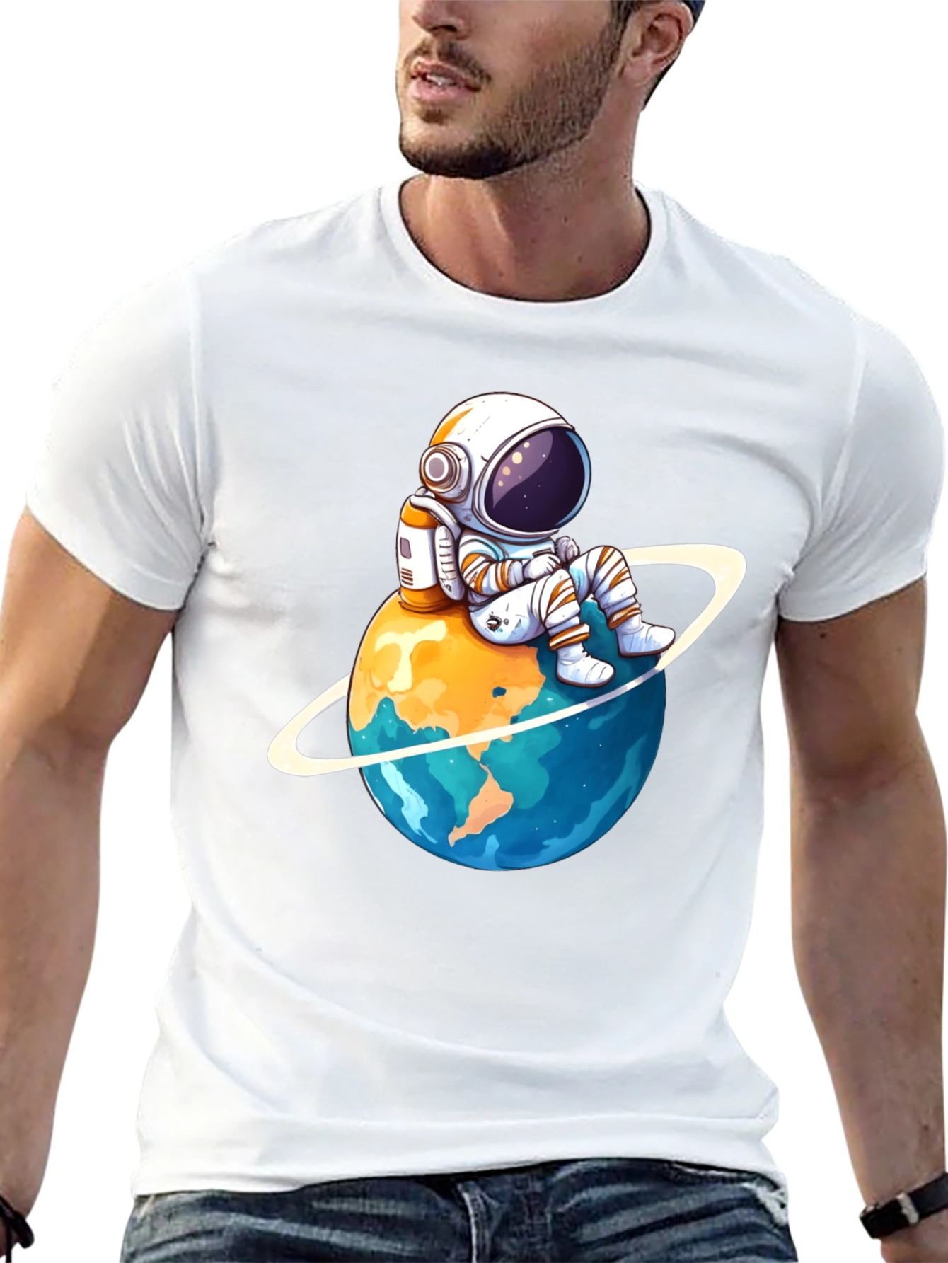 Black Astronaut on Planet T-Shirt - Black Cotton Graphic Tee view 13