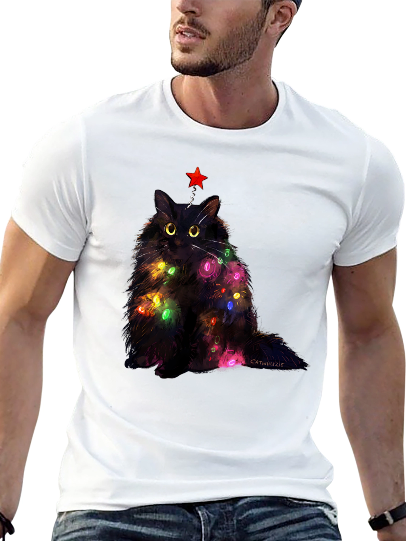 Black Festive Feline T-Shirt: Christmas Cat with Lights view 13