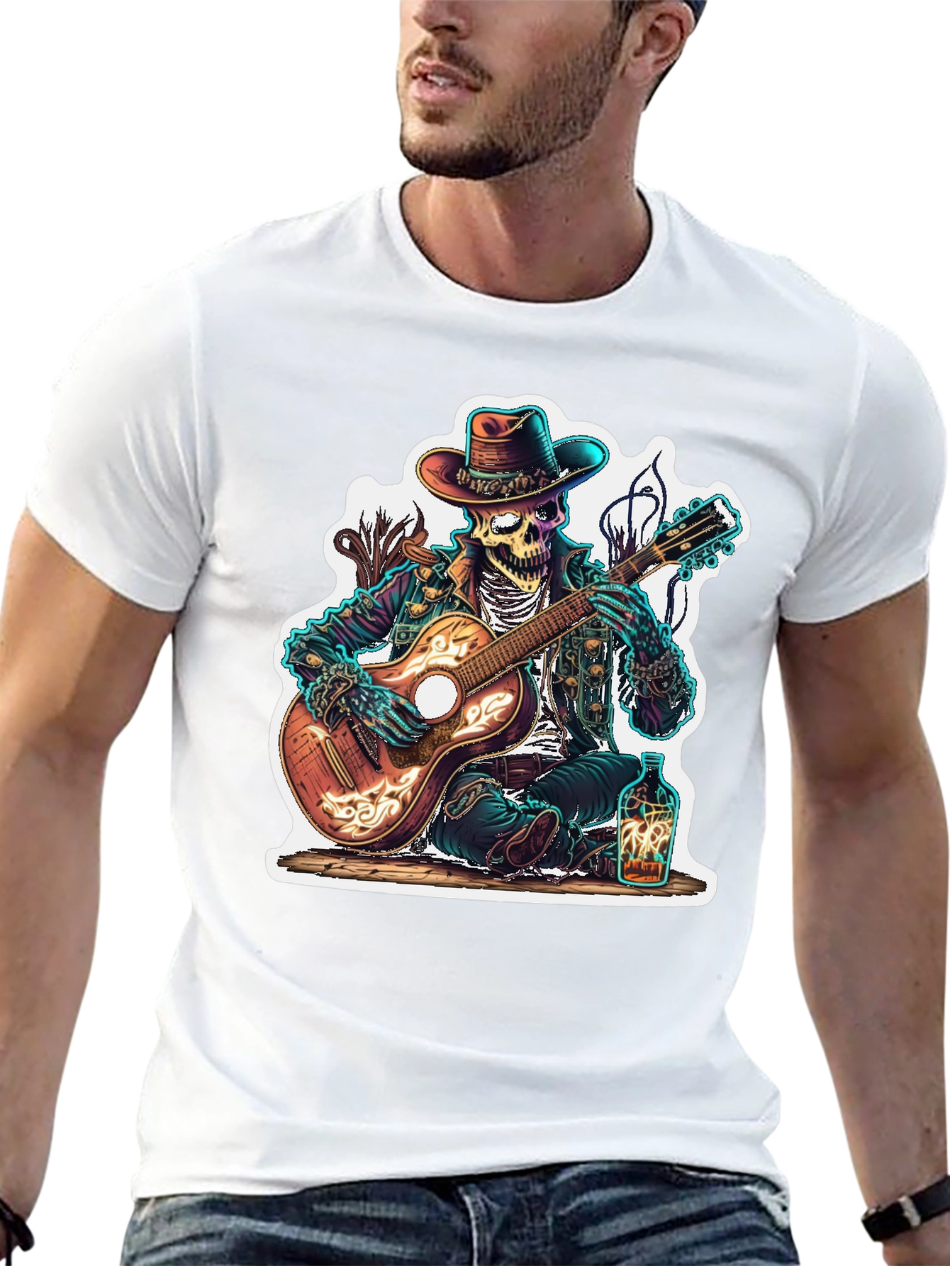 Black Skeleton Cowboy Guitarist Graphic Tee view 13