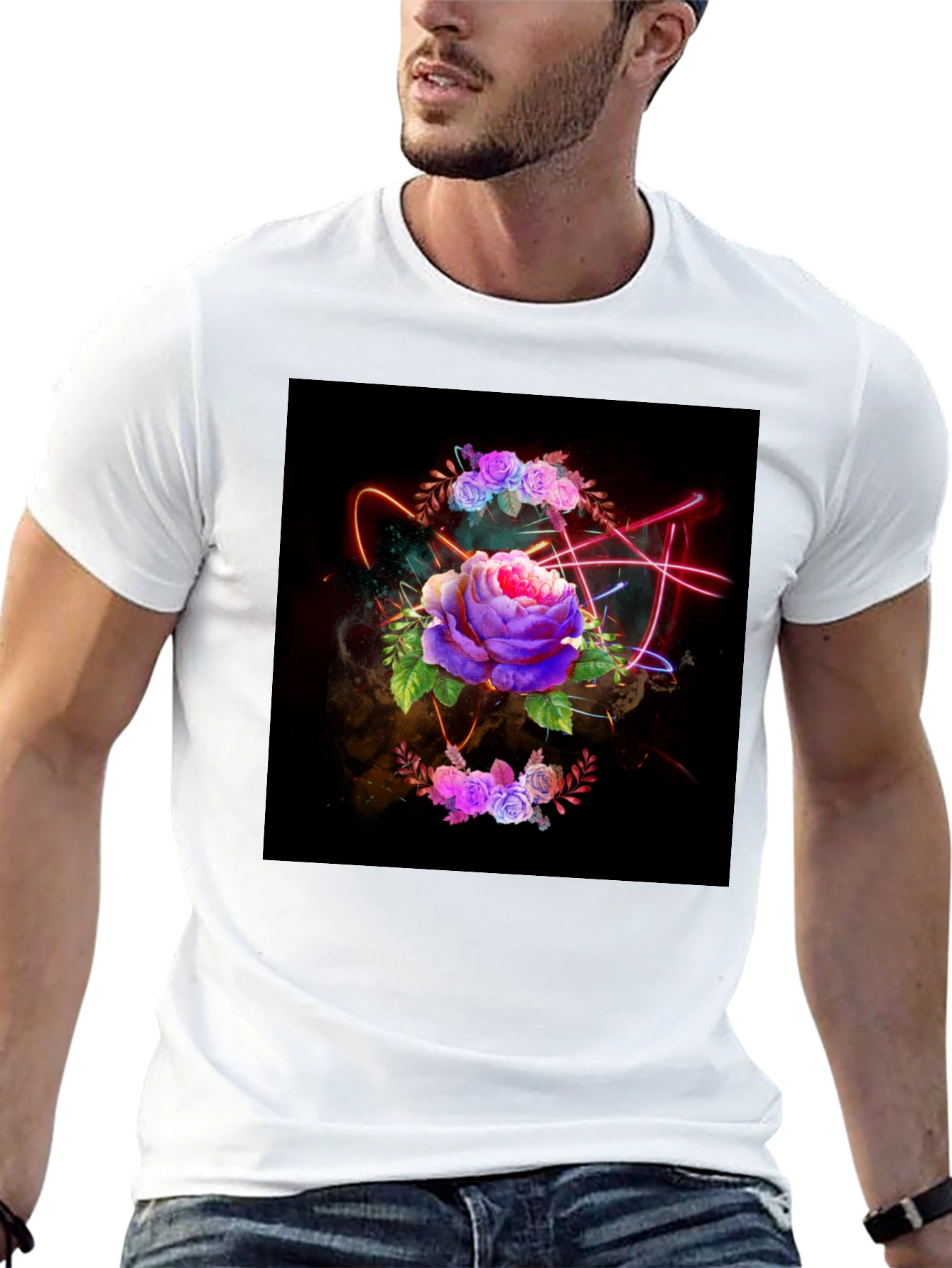 Black Floral Neon T-Shirt - Artistic Dark Design view 13