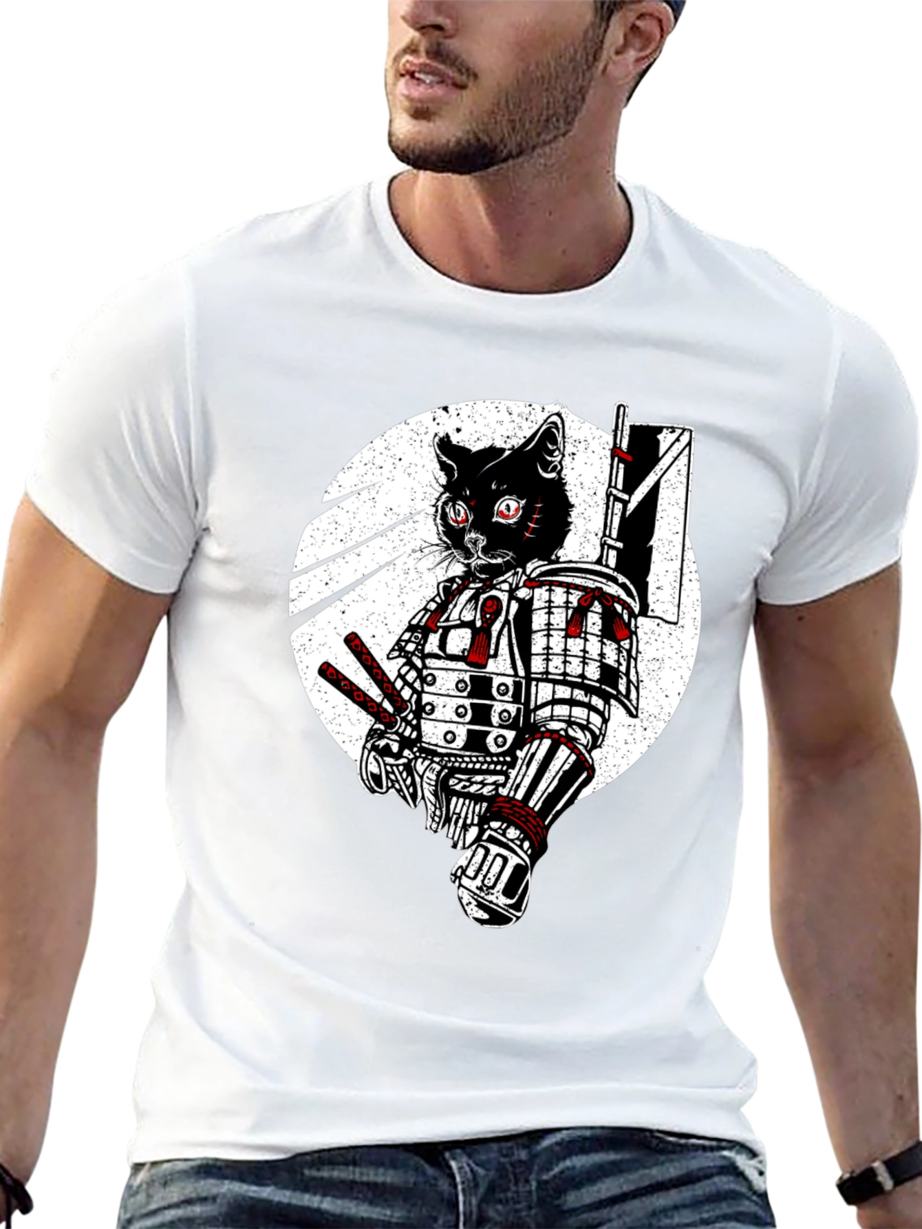 Black Samurai Cat Graphic Tee - Black Cotton T-Shirt view 13