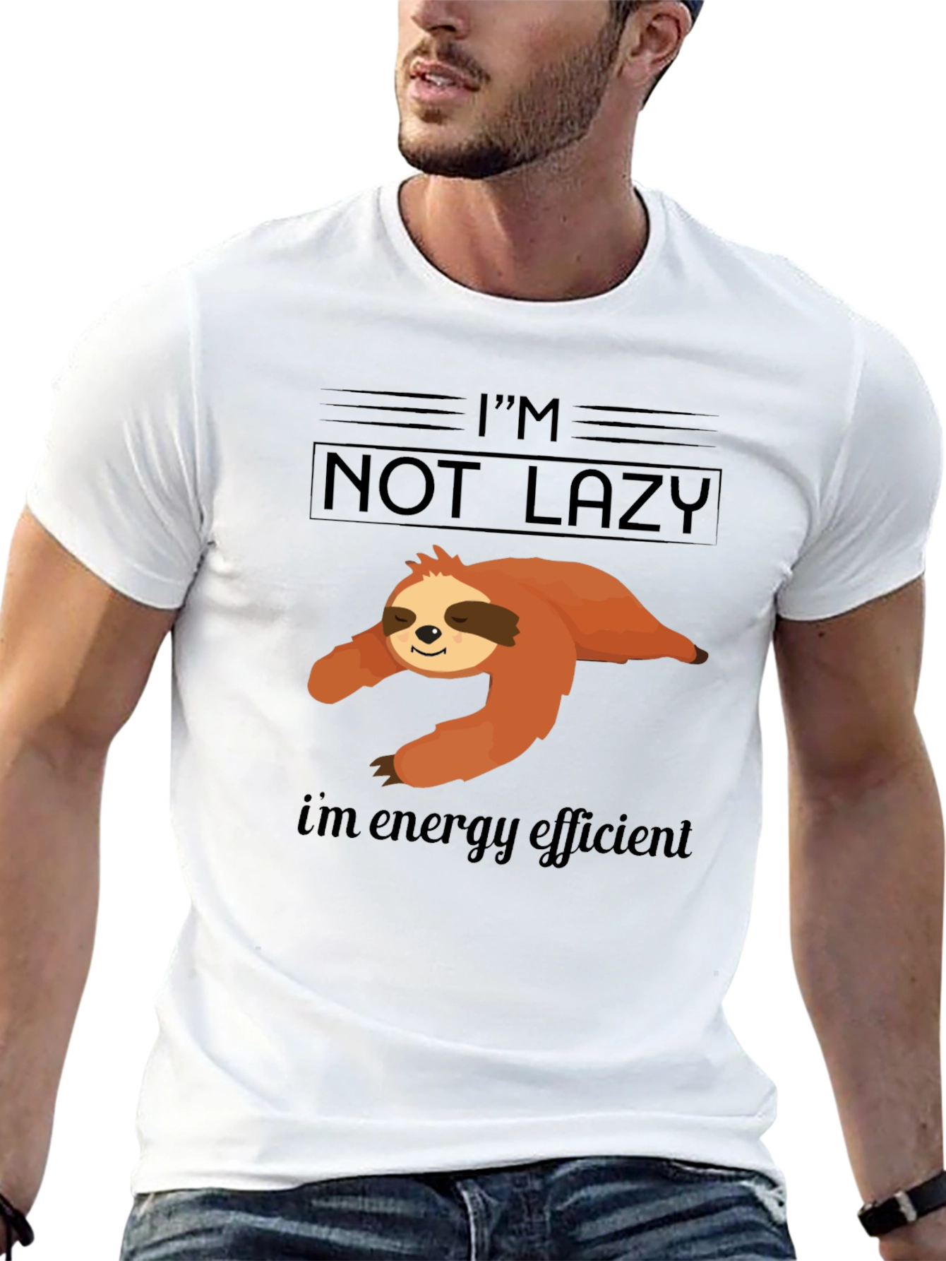 Black I'm Not Lazy Energy Efficient Sloth Graphic T-Shirt view 13