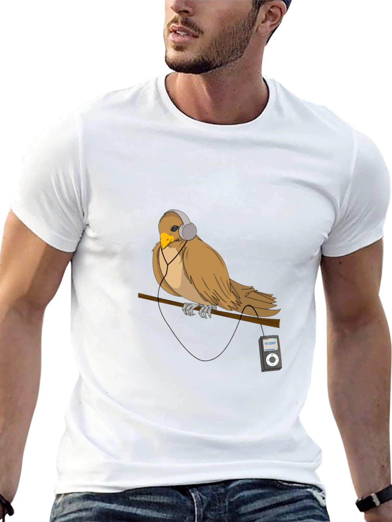 Black Bird with Headphones Graphic T-Shirt view 13