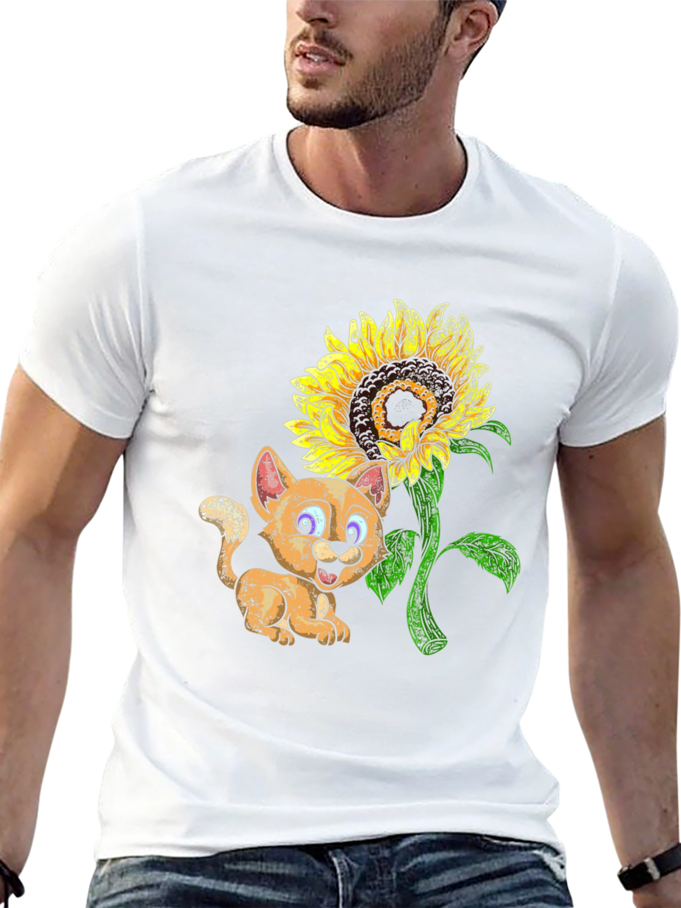 Black Cute Cartoon Cat & Sunflower Black T-Shirt view 13