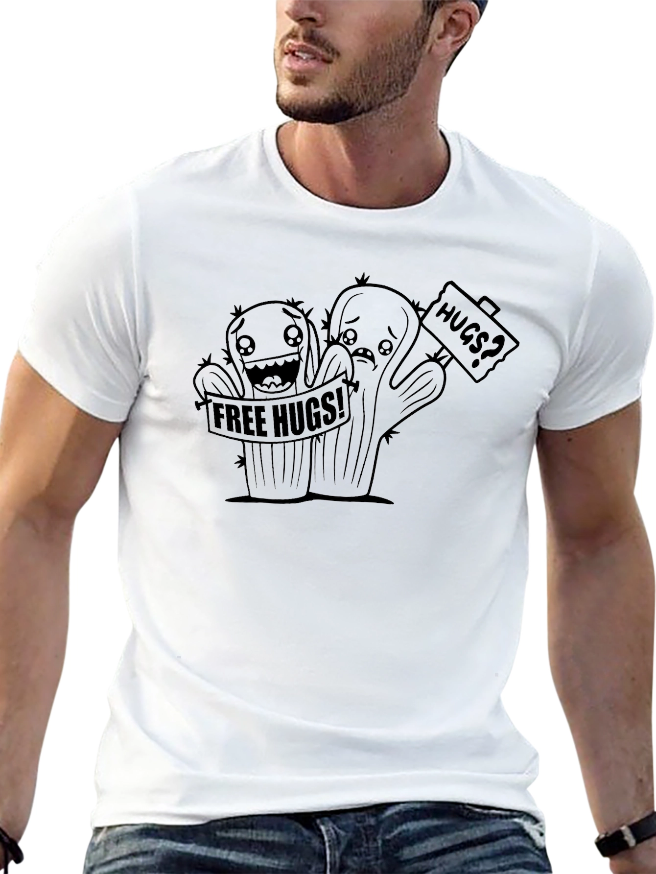 Black Free Hugs Cactus Graphic Black T-Shirt view 13