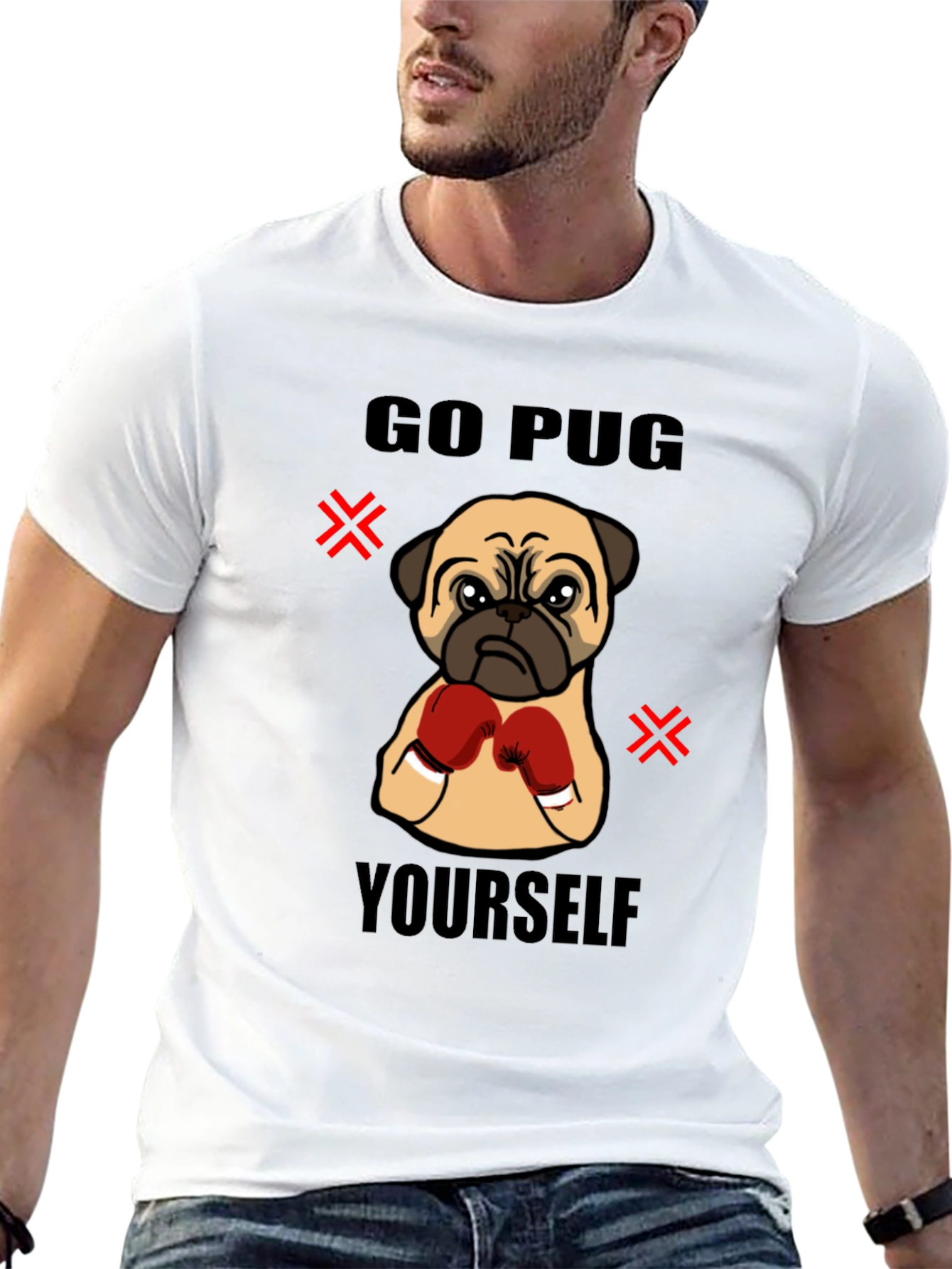 Black Go Pug Yourself Funny Boxing Pug Graphic T-Shirt view 13