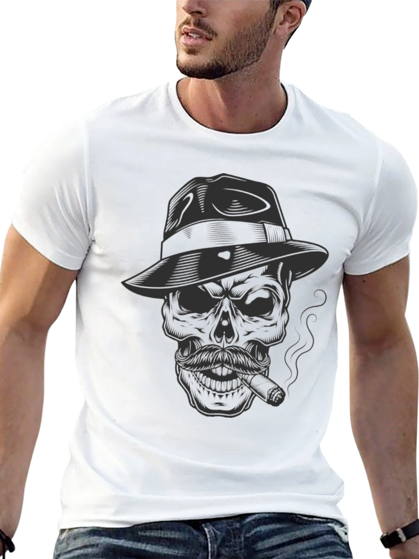 Black Skull Fedora Cigar T-Shirt - Dark Humor Graphic Tee view 13