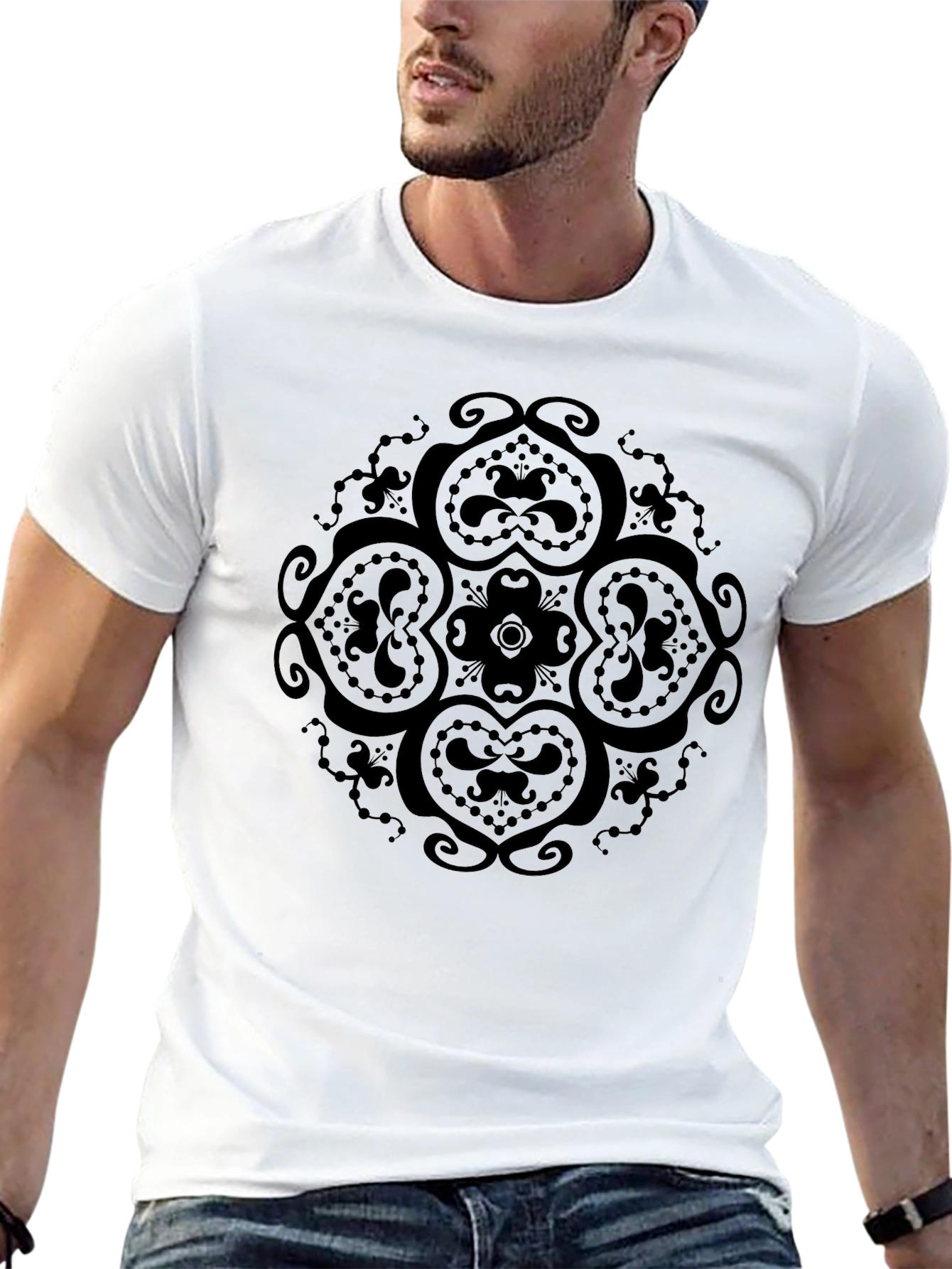 Black Men's Black T-Shirt with Intricate Floral Design view 13