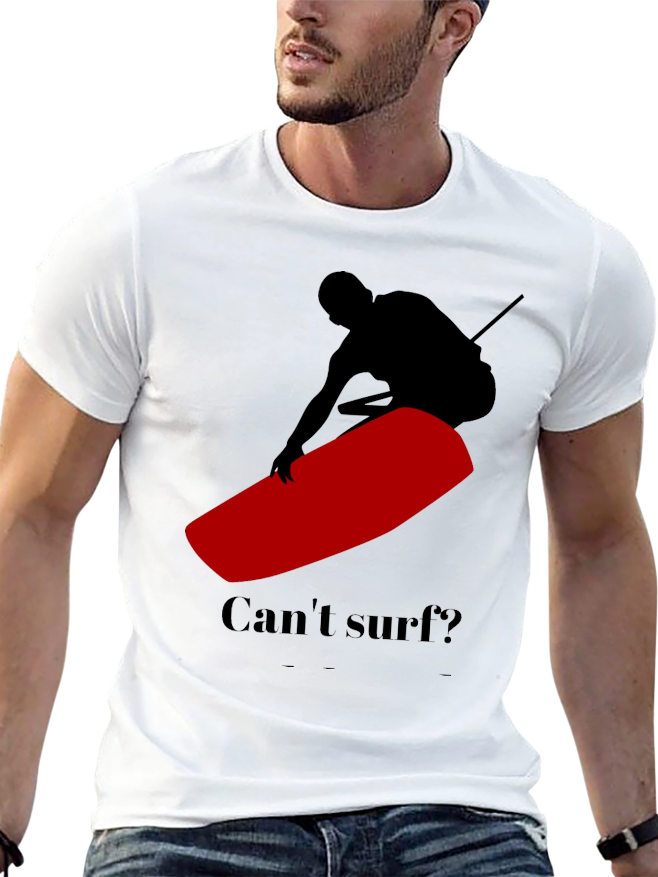Black Can't Surf Black T-Shirt with Red Surfboard Graphic view 13