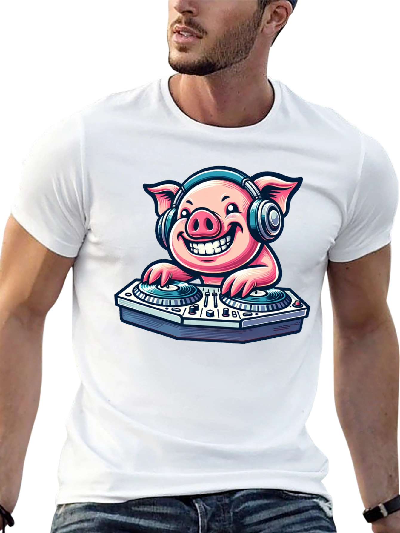 Black DJ Pig Graphic Tee - Cool Cartoon Pig T-Shirt view 13