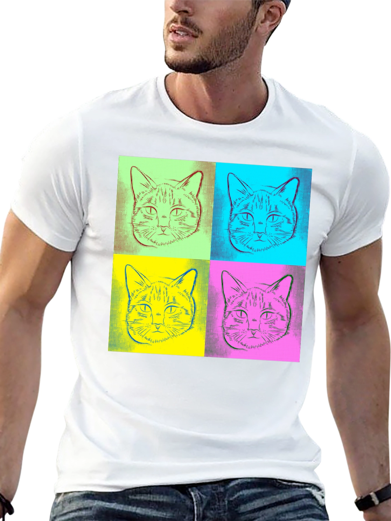 Black Pop Art Cat Graphic Tee - Quirky Black T-Shirt view 13