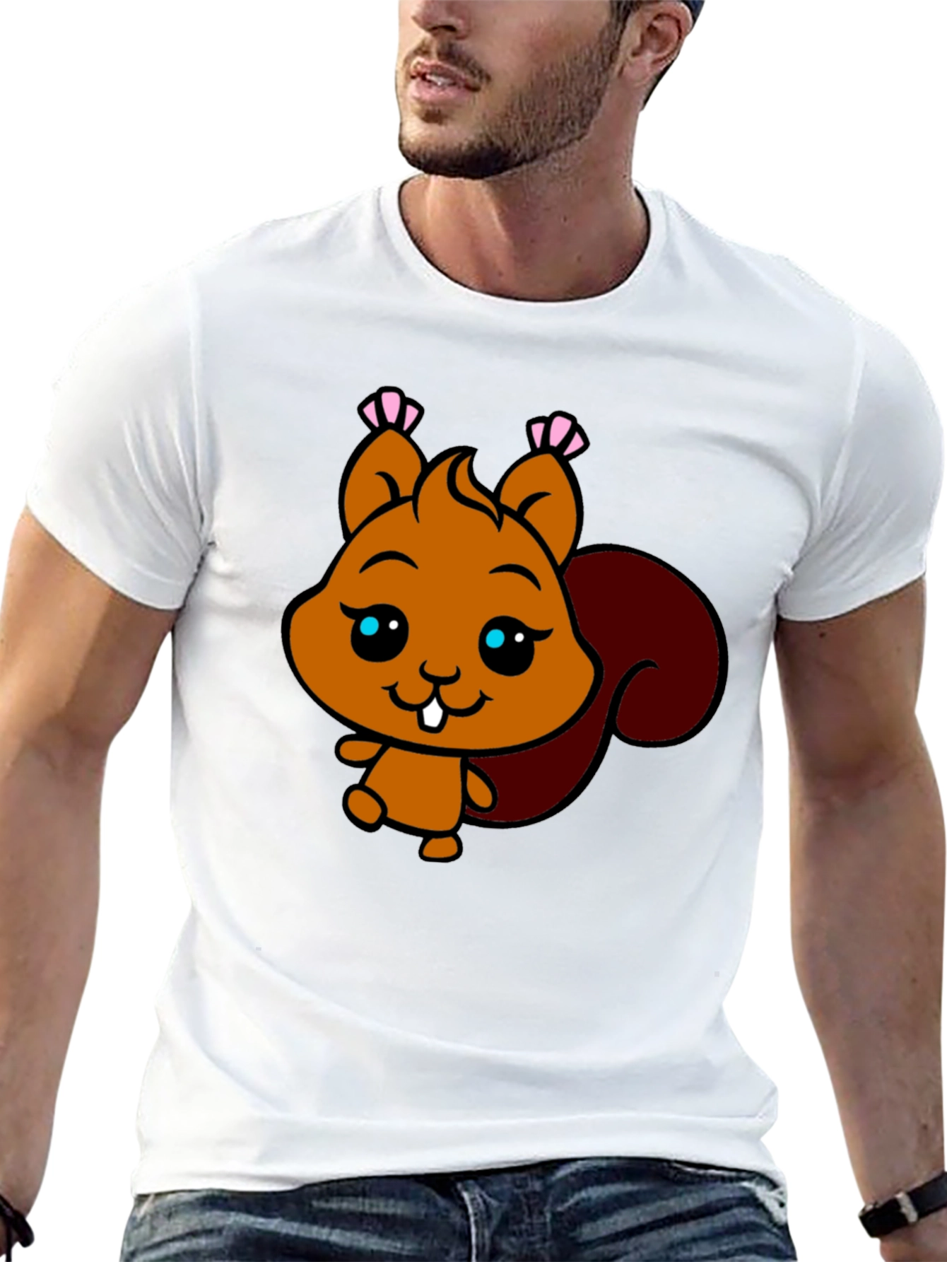 Black Cute Squirrel Graphic Tee - Black Cotton T-Shirt view 13