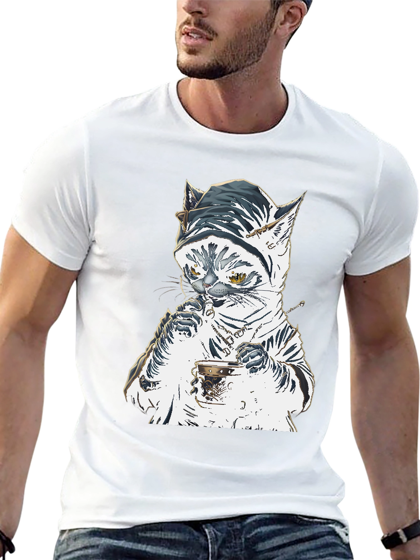 Black Cat T-Shirt: Sophisticated Feline Tea Time view 13