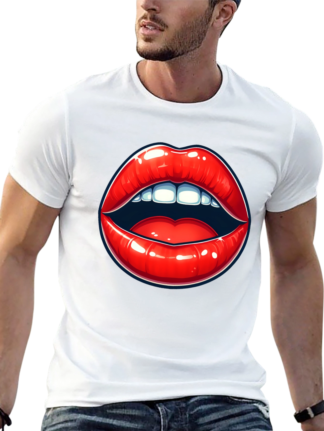 Black Bold Lips Graphic Tee - Black Cotton T-Shirt view 13