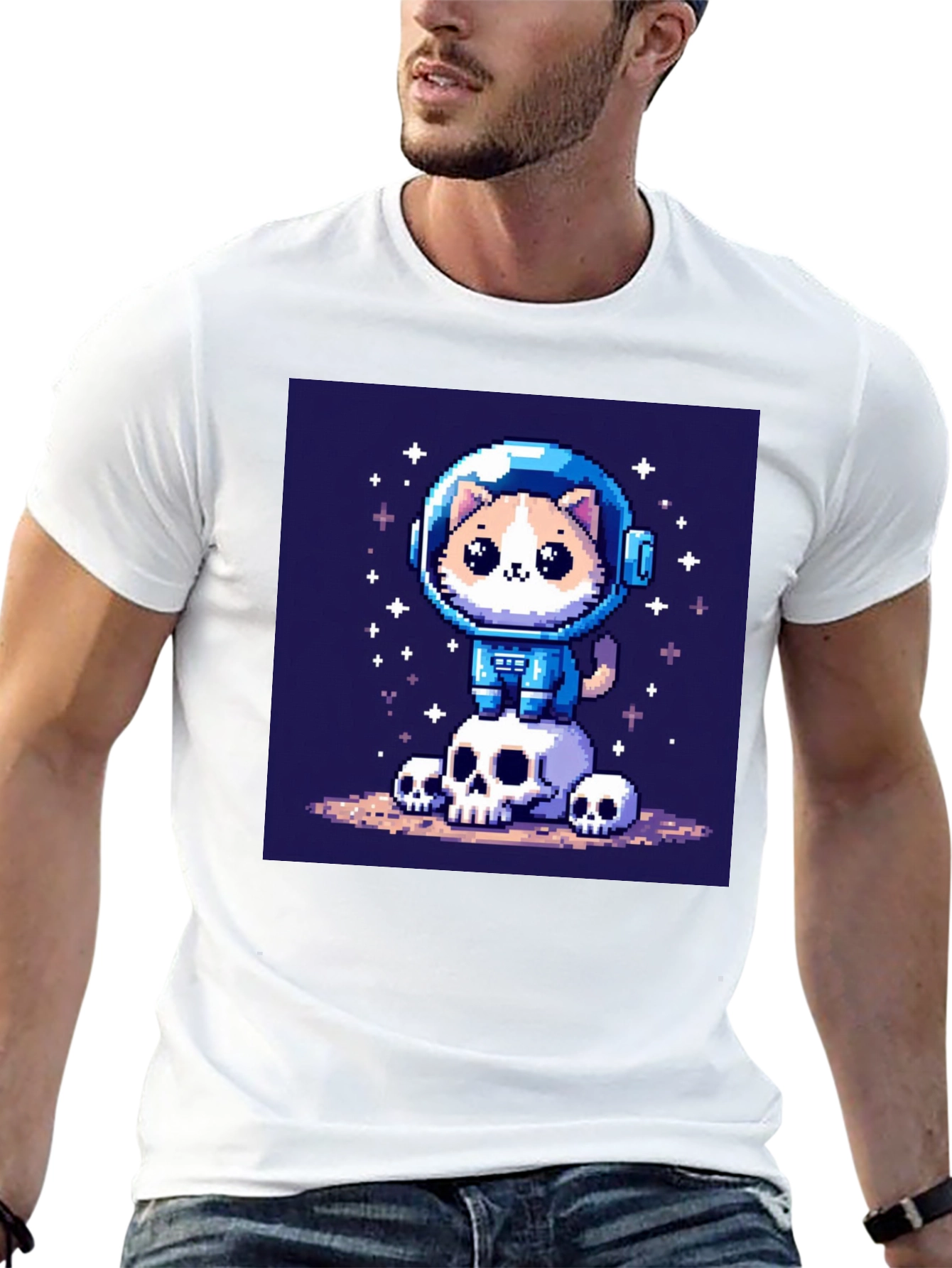 Black Pixel Cat Astronaut T-Shirt - Space Kitty Tee view 13