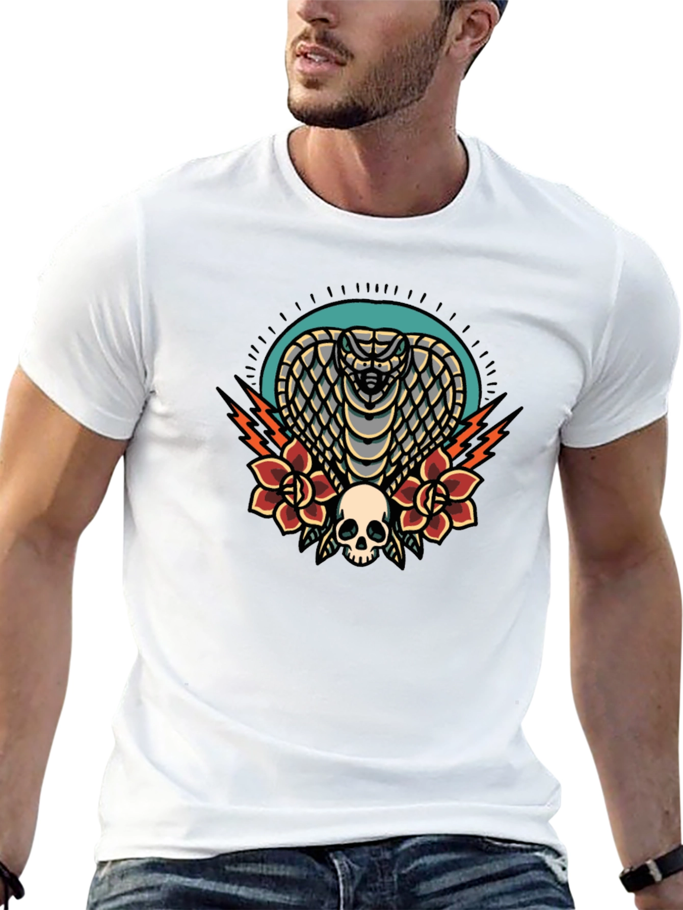 Black Cobra Skull Rose Graphic Tee - Black Cotton T-Shirt view 13