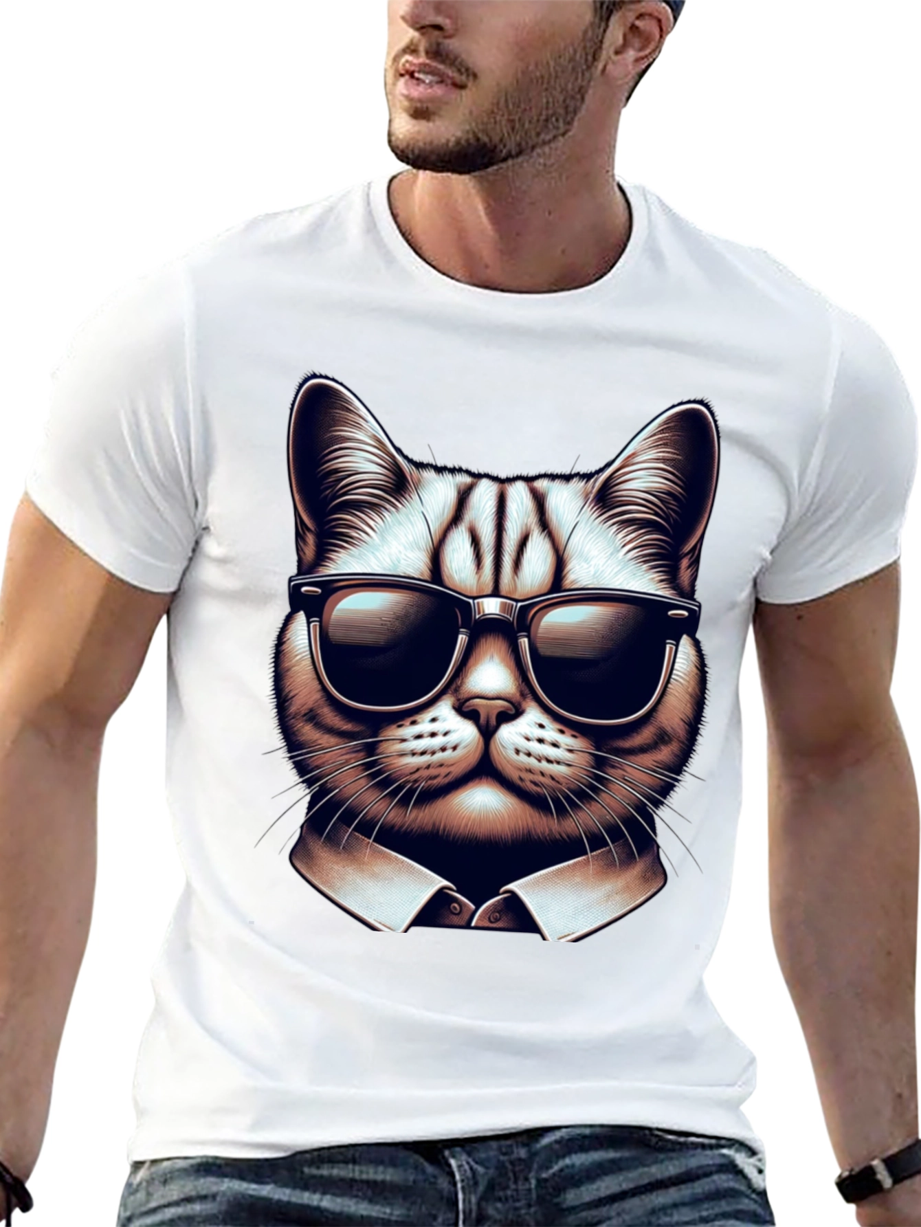 Black Cool Cat in Shades Graphic Tee - Black Cotton T-Shirt view 13