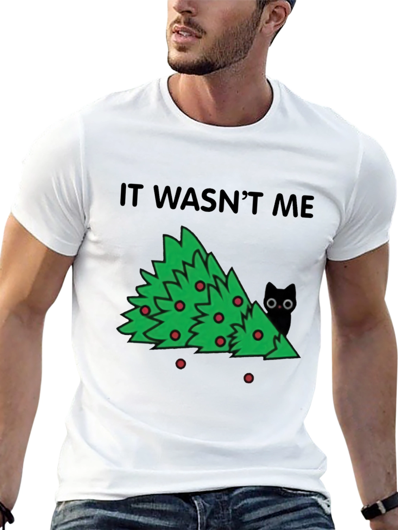 Black It Wasn't Me Christmas Tree Cat T-Shirt view 13