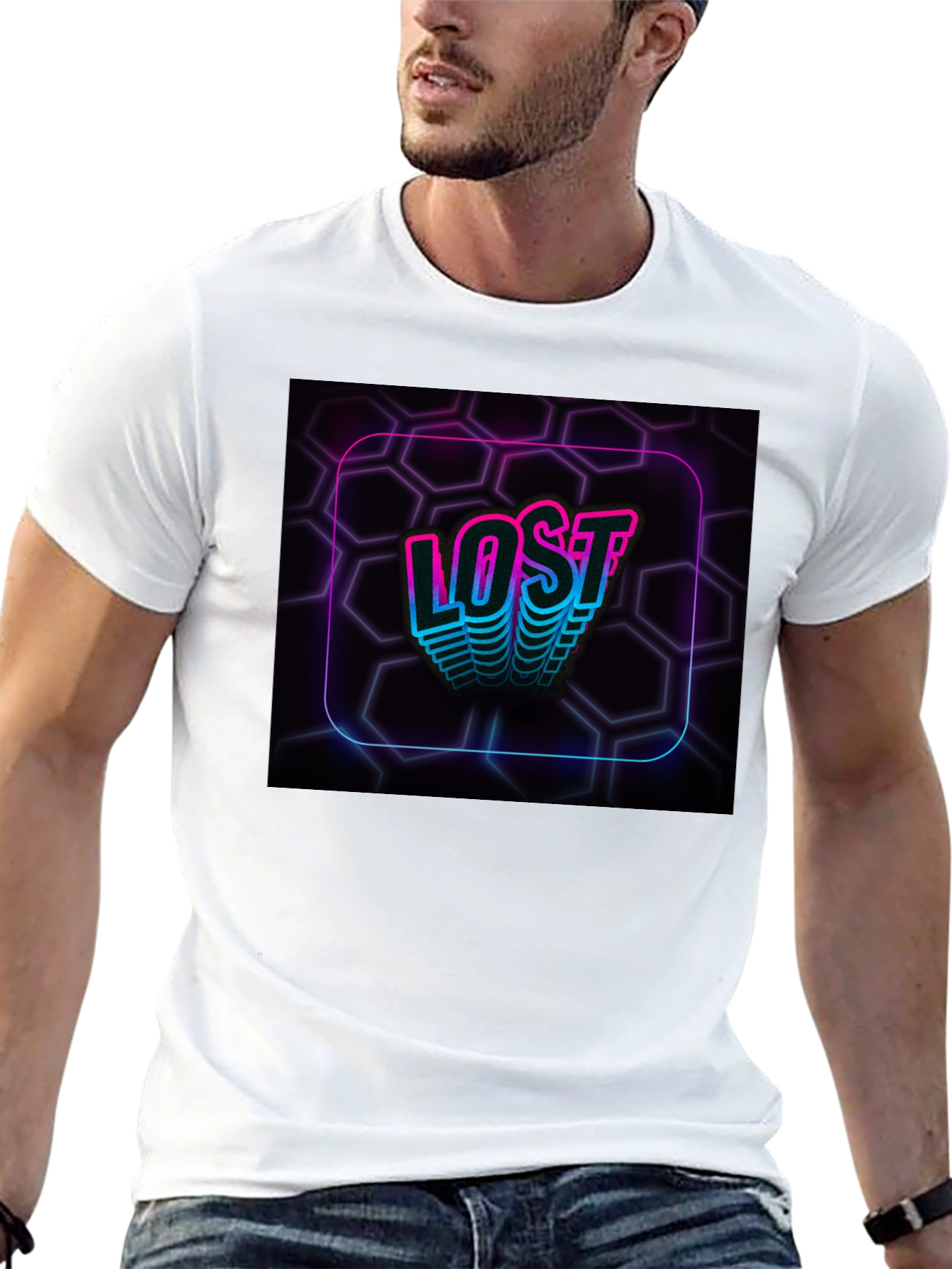 Black Lost Neon Hexagon Graphic Black T-Shirt view 13