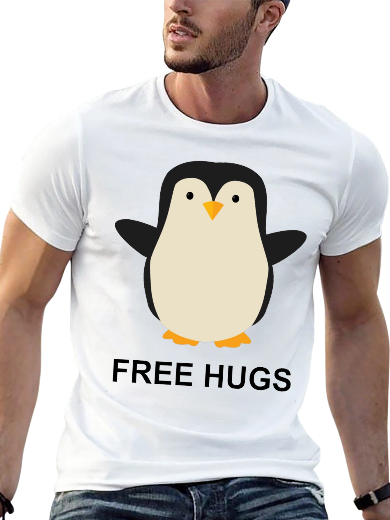 Black Penguin Free Hugs Graphic Tee - Unisex Black T-Shirt view 13