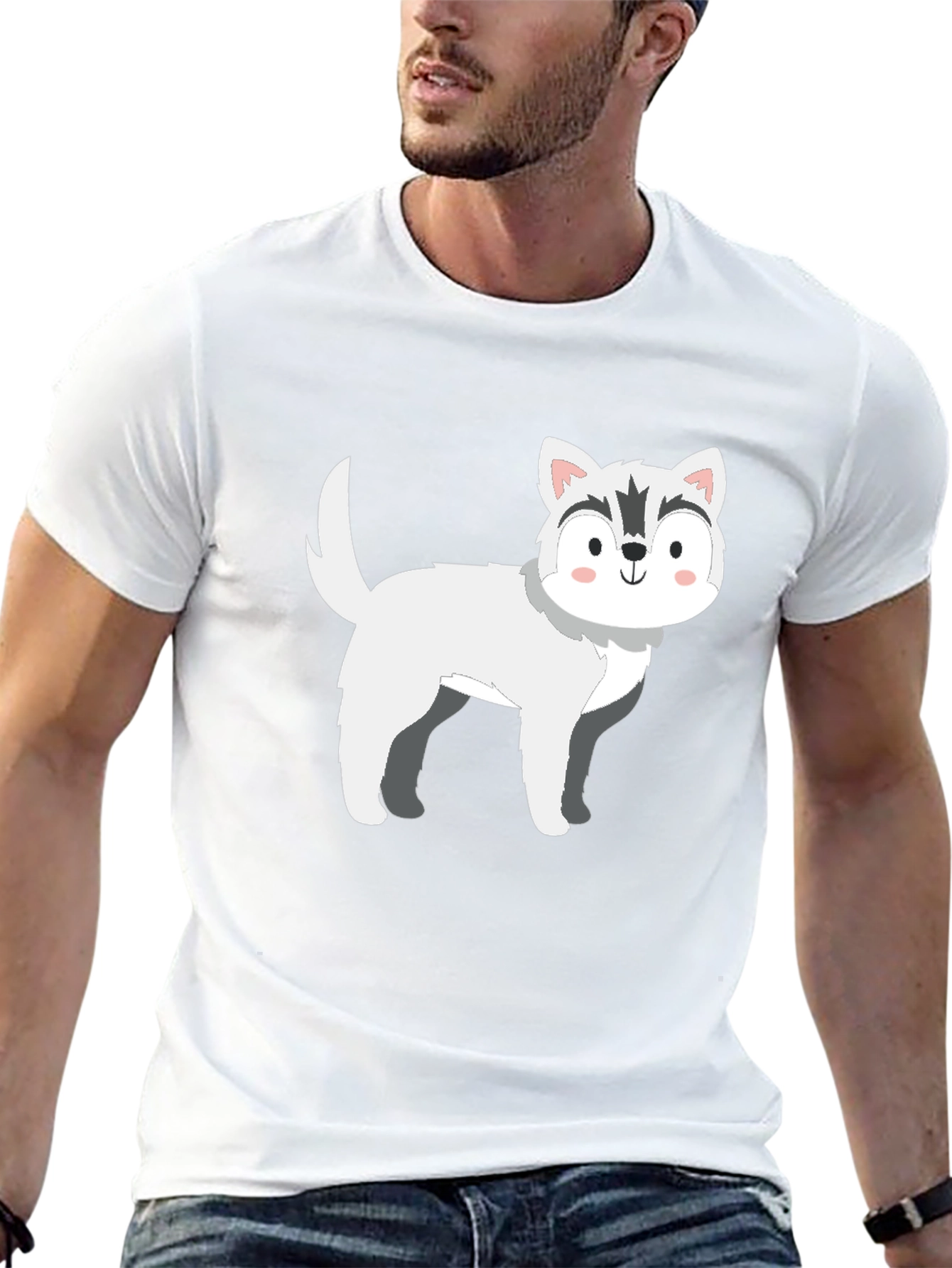 Black Cute Cartoon Husky Dog Graphic T-Shirt view 13