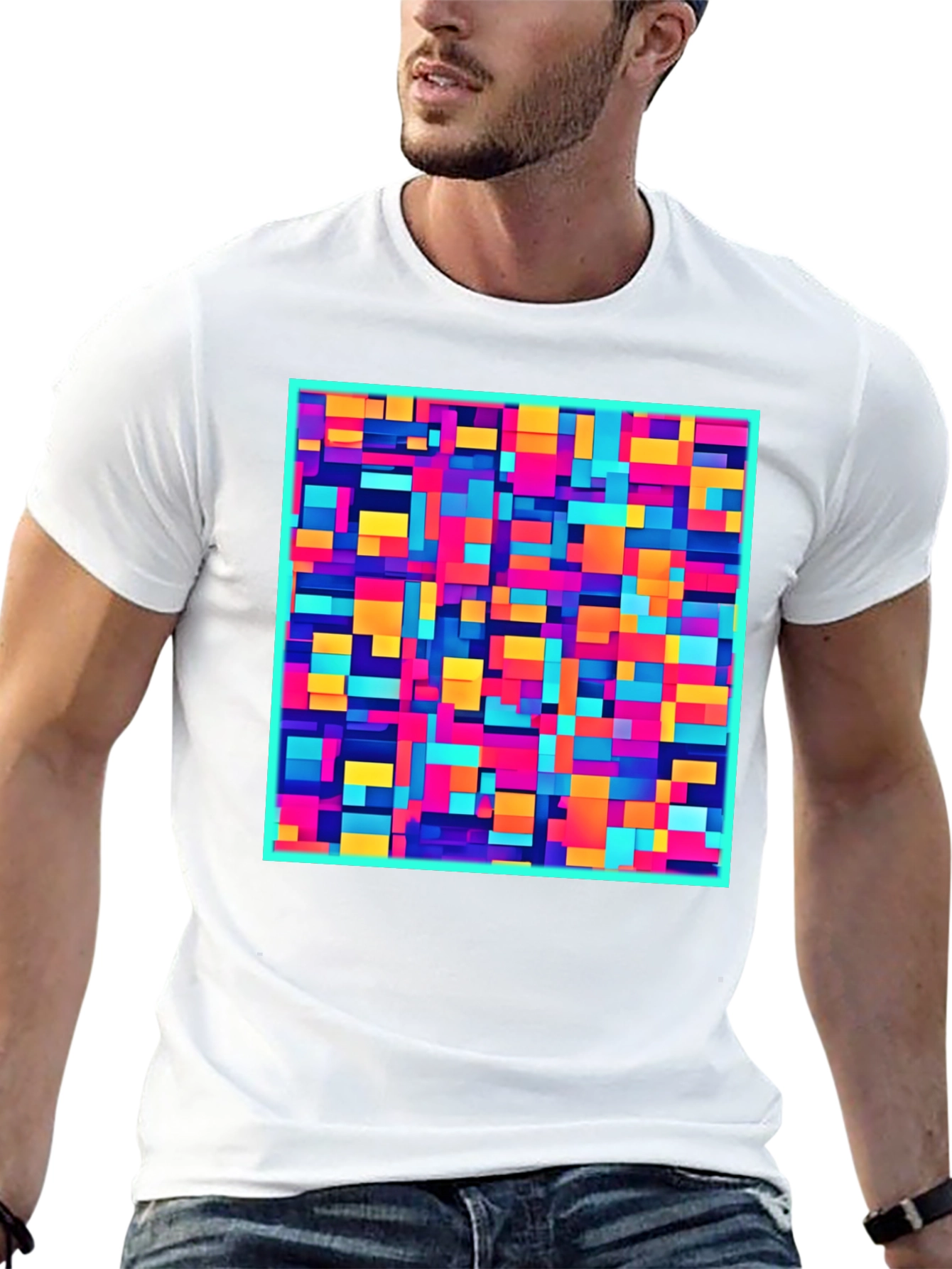 Black Colorful Block Pattern Graphic Tee - Modern Style view 13