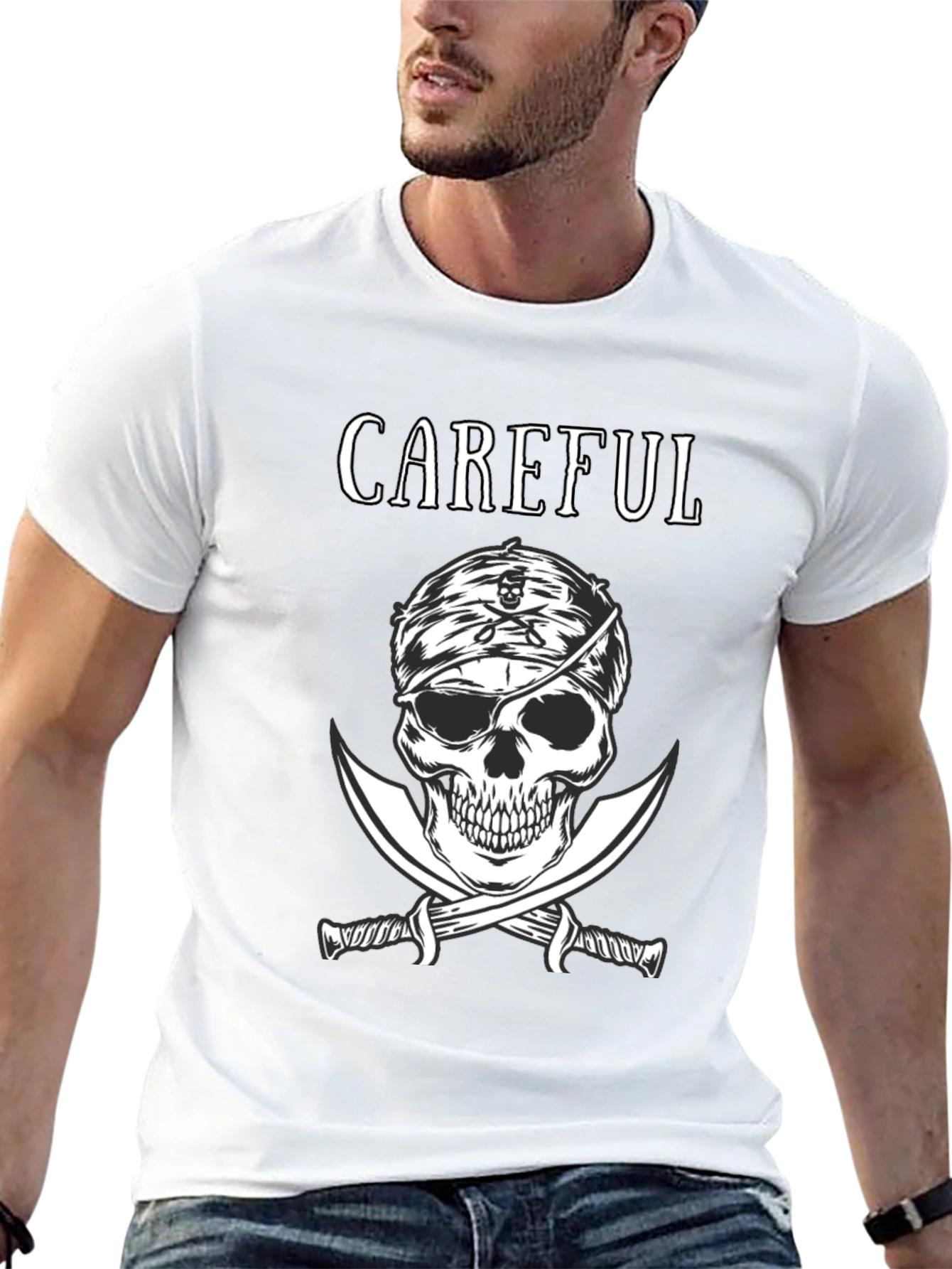 Black Careful Pirate Skull T-Shirt - Edgy Graphic Tee view 13
