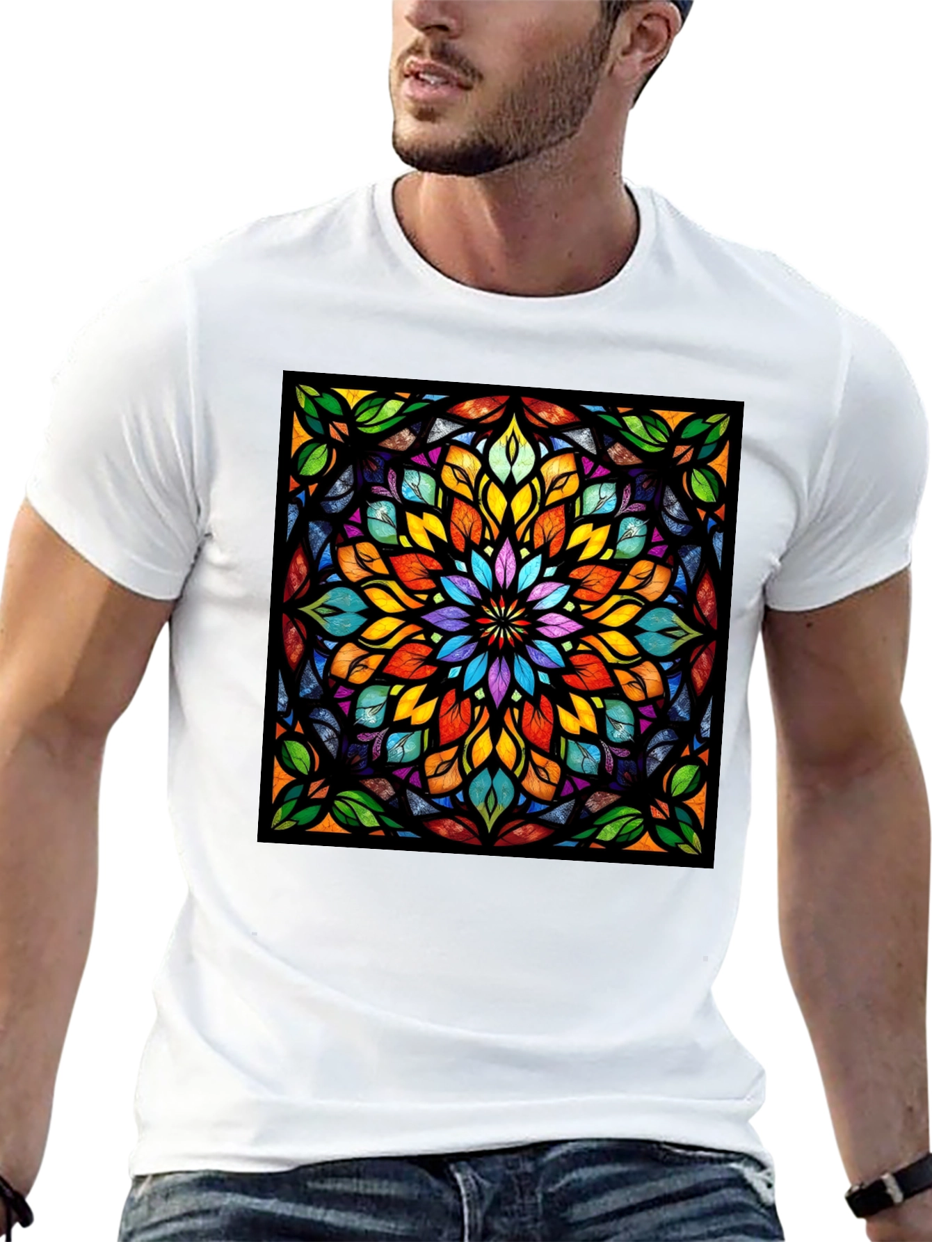 Black Kaleidoscope Stained Glass Design Black T-Shirt view 13