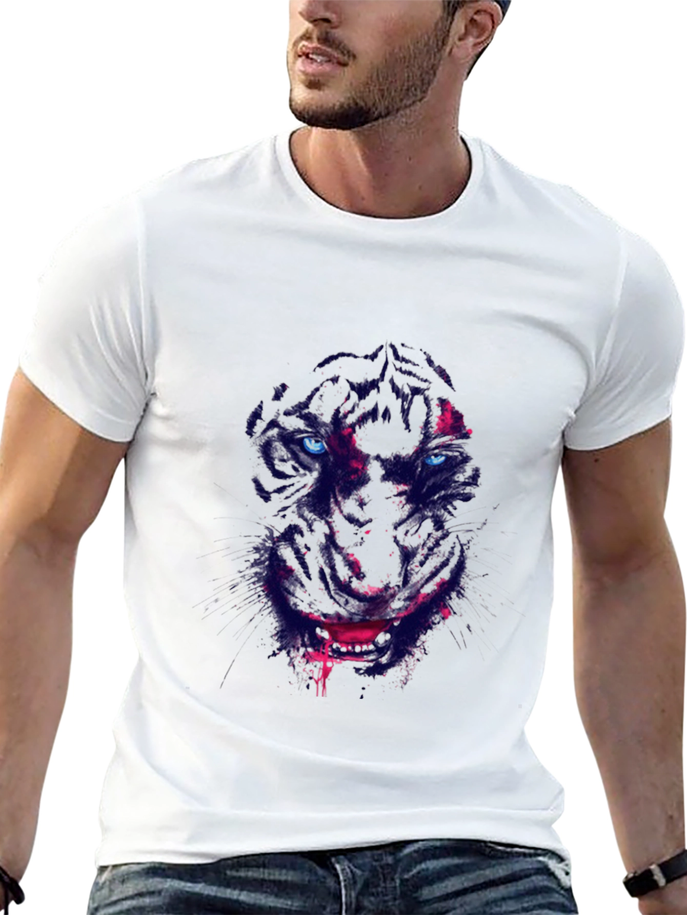 Black Men's Black T-Shirt with Wolf Graphic view 13