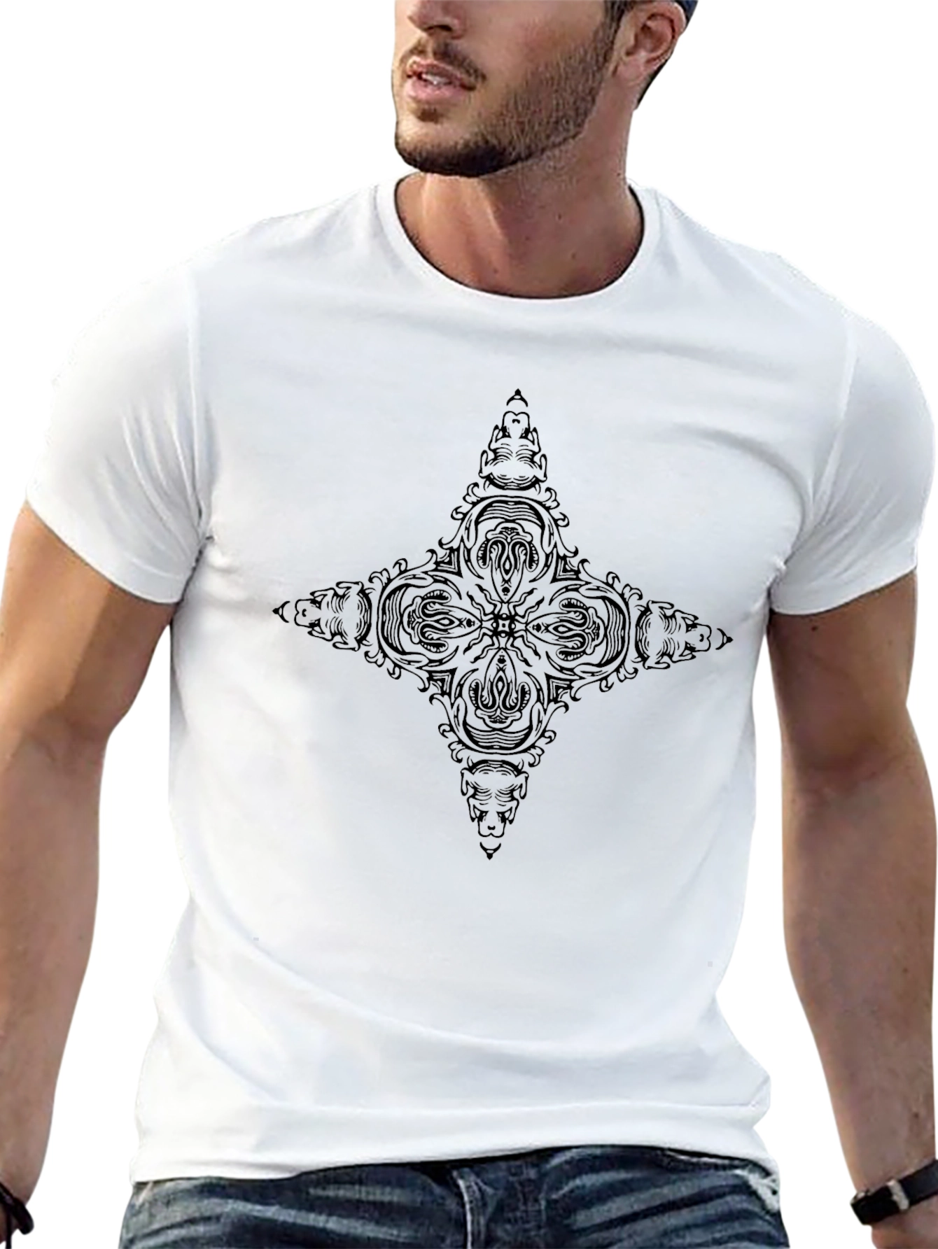 Black Men's Black Tee with Intricate Graphic Design view 13