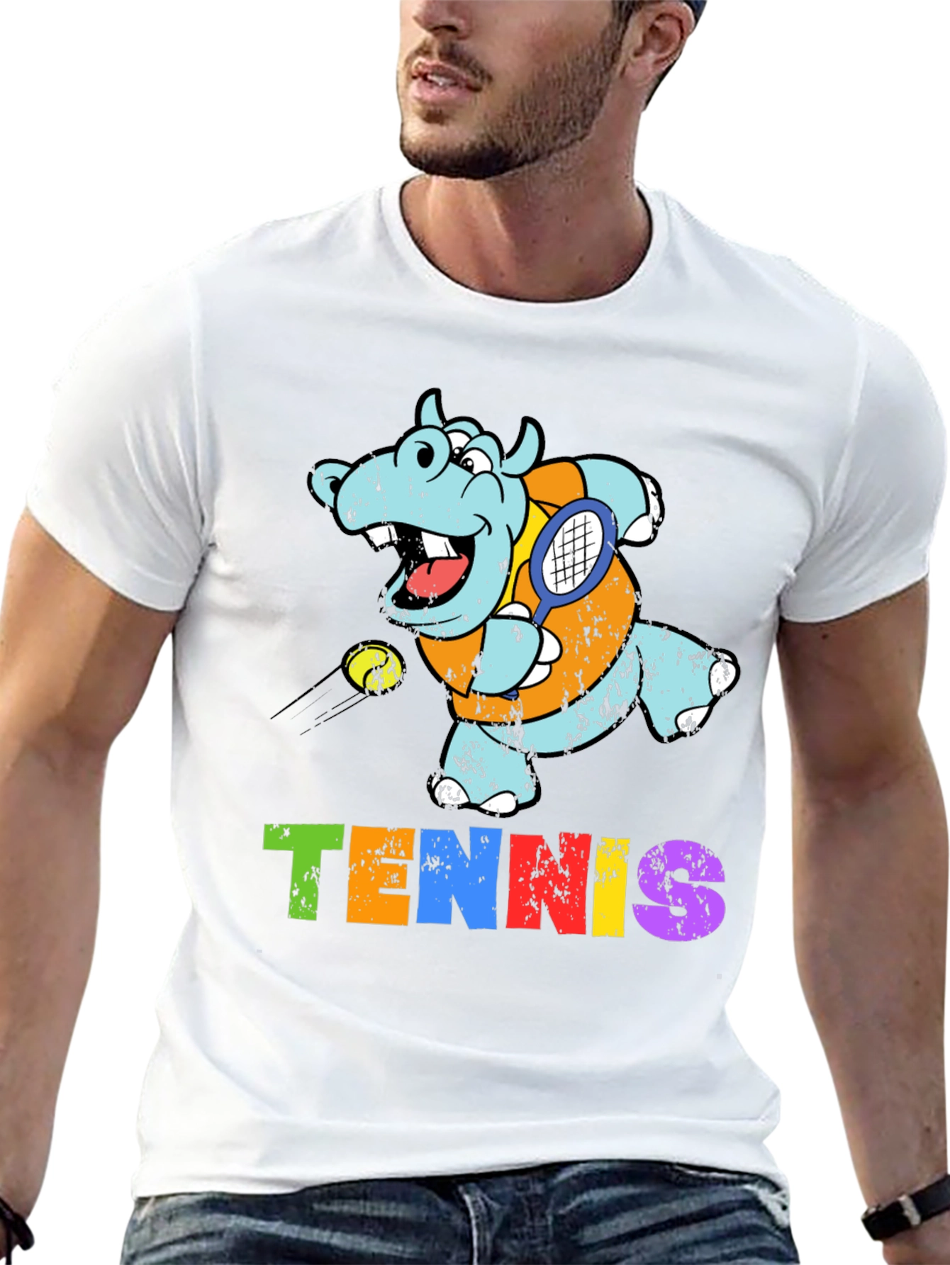 Black Cartoon Hippo Tennis Player Graphic T-Shirt view 13