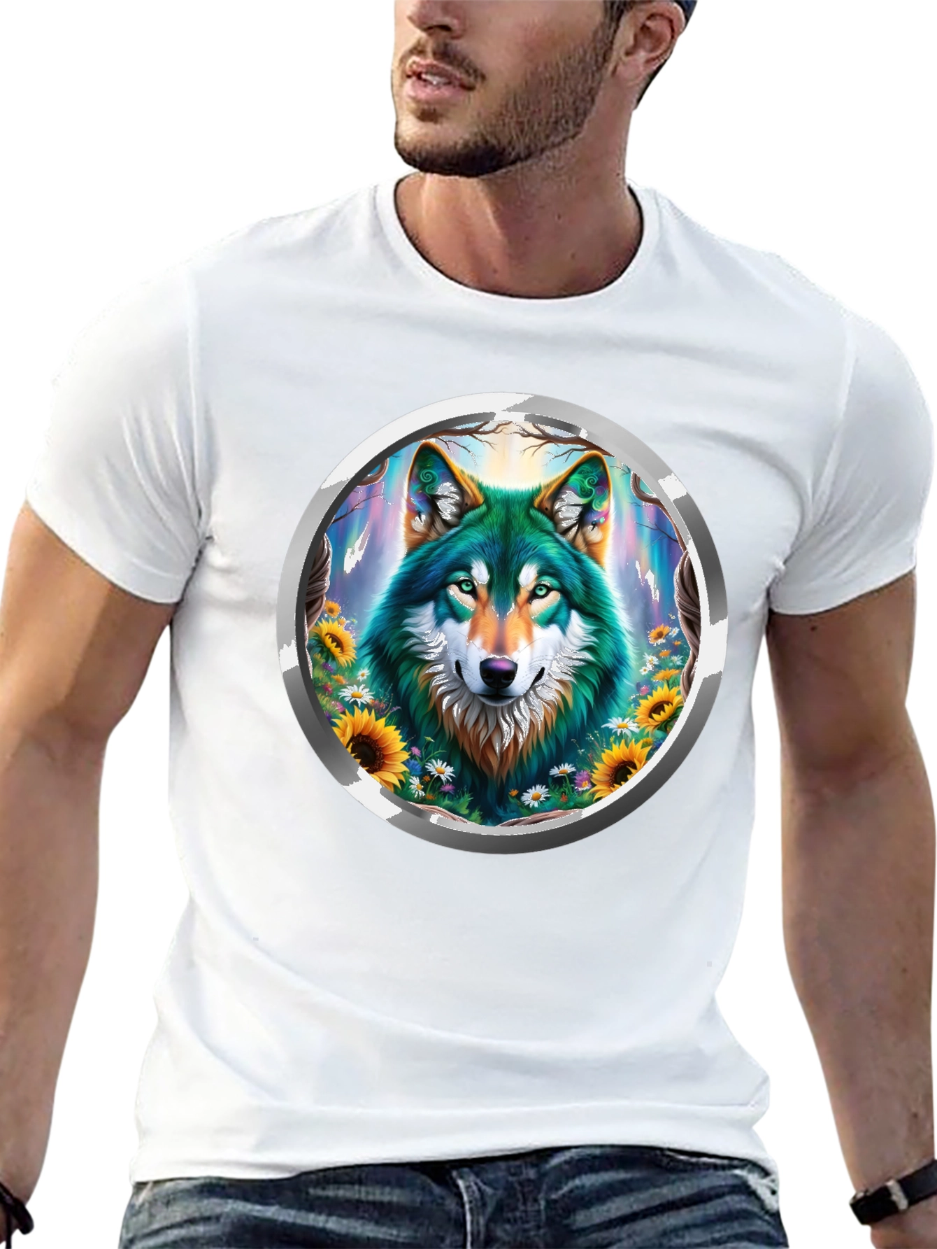 Black Wolf Circle Graphic Tee - Nature Inspired Design view 13