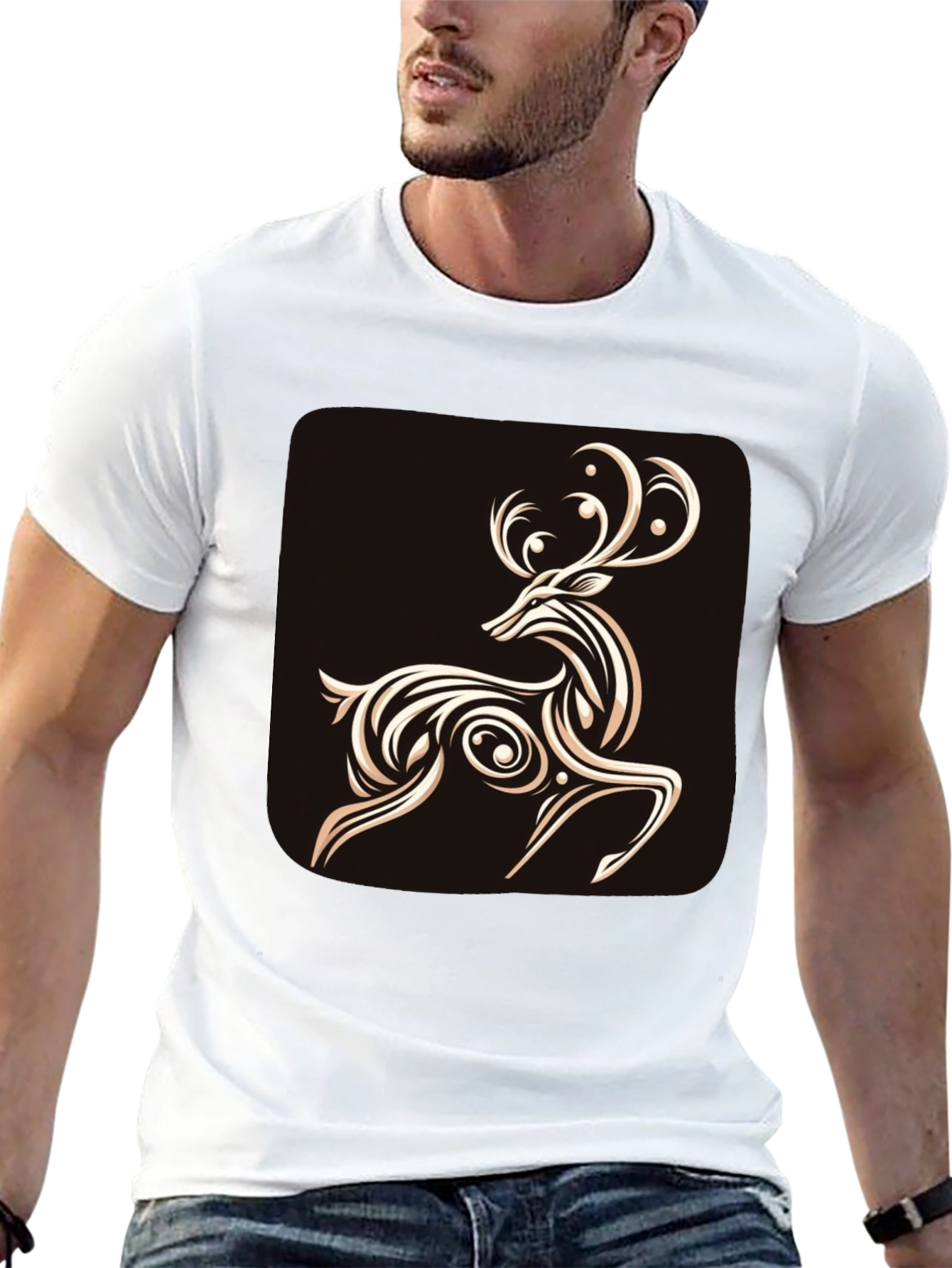 Black Elegant Deer Graphic Tee - Stylish Men's Black T-Shirt view 13