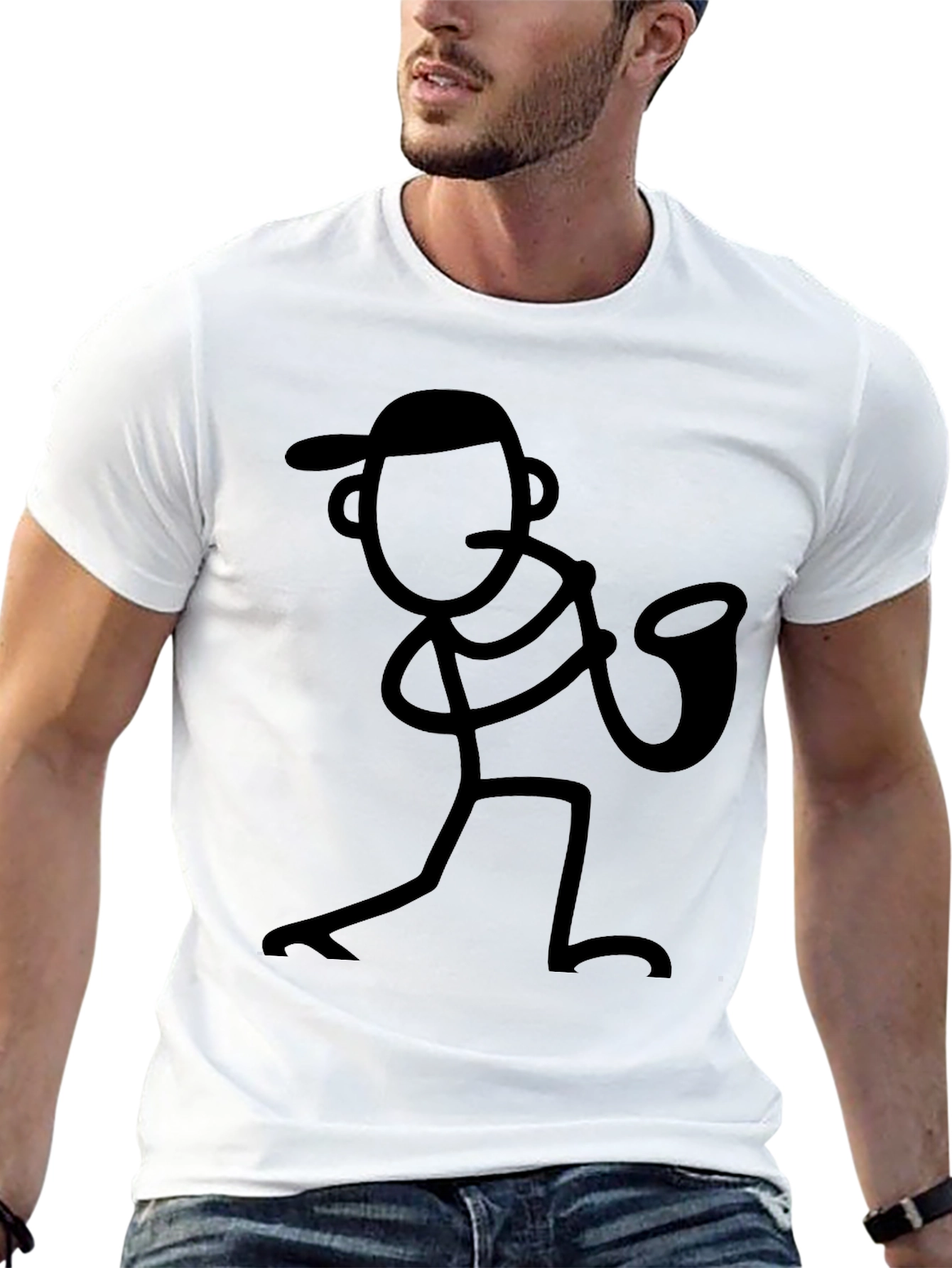 Black Cool Black Stick Figure Saxophone Player T-Shirt view 13