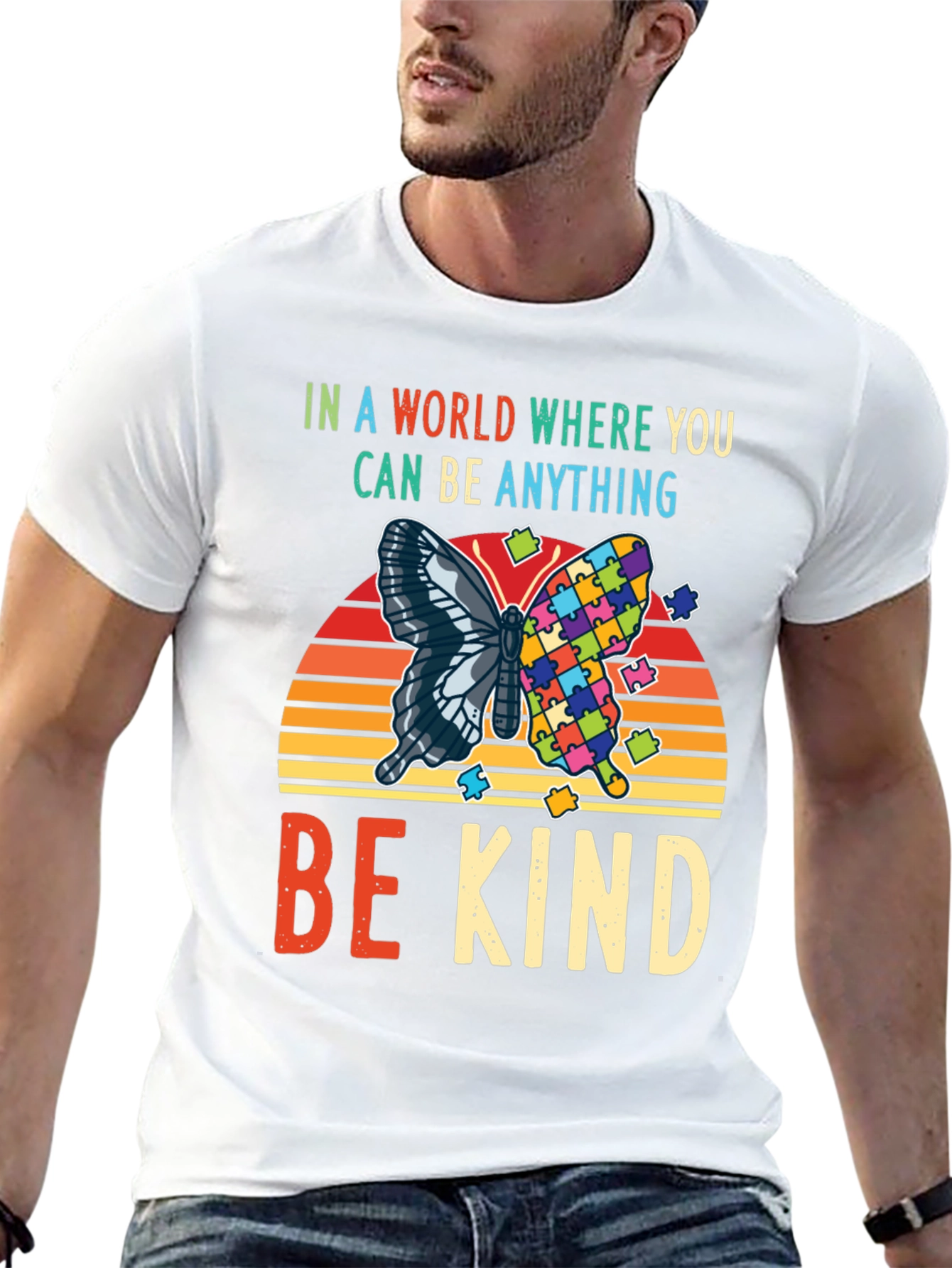 Black Be Kind Autism Awareness Butterfly T-Shirt view 13
