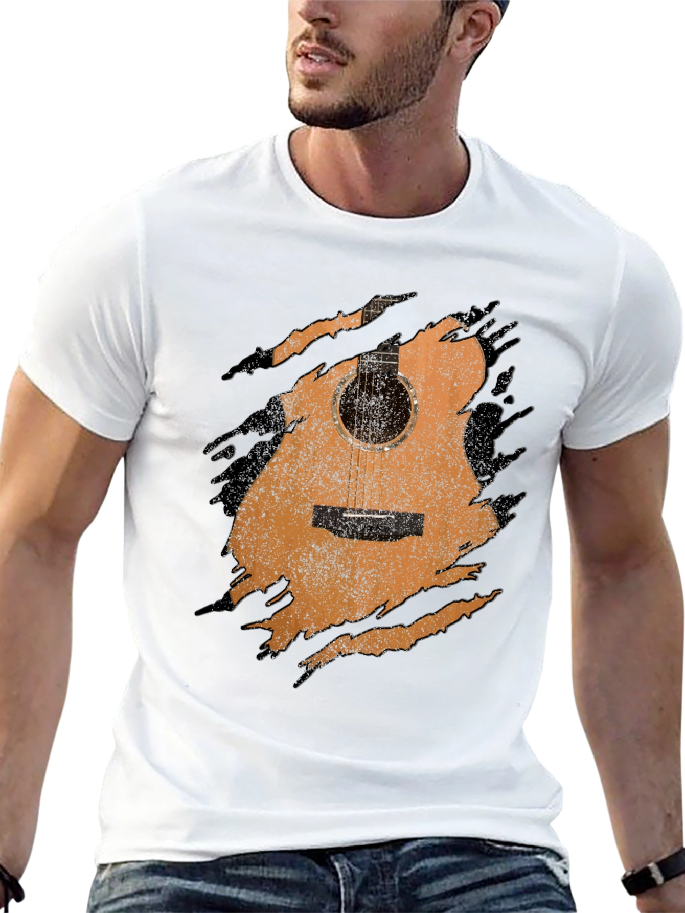 Guitar Graphic Tee - Distressed Acoustic Design, Musician Shirt - 13